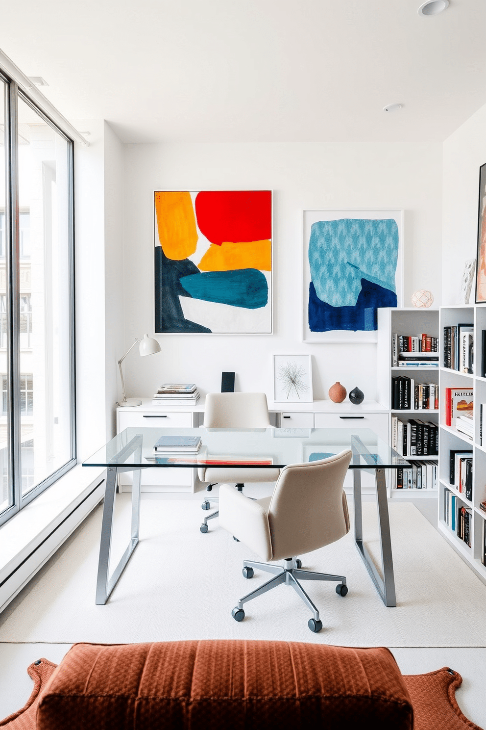 A bright white study room featuring sleek, contemporary furniture. A large, minimalist desk with a glass top sits in front of a floor-to-ceiling window, allowing natural light to flood the space. On the walls, bold contemporary art pieces add visual interest, with vibrant colors contrasting against the white backdrop. A comfortable, ergonomic chair in a soft fabric complements the desk, while a stylish bookshelf filled with curated books and decorative objects completes the look.