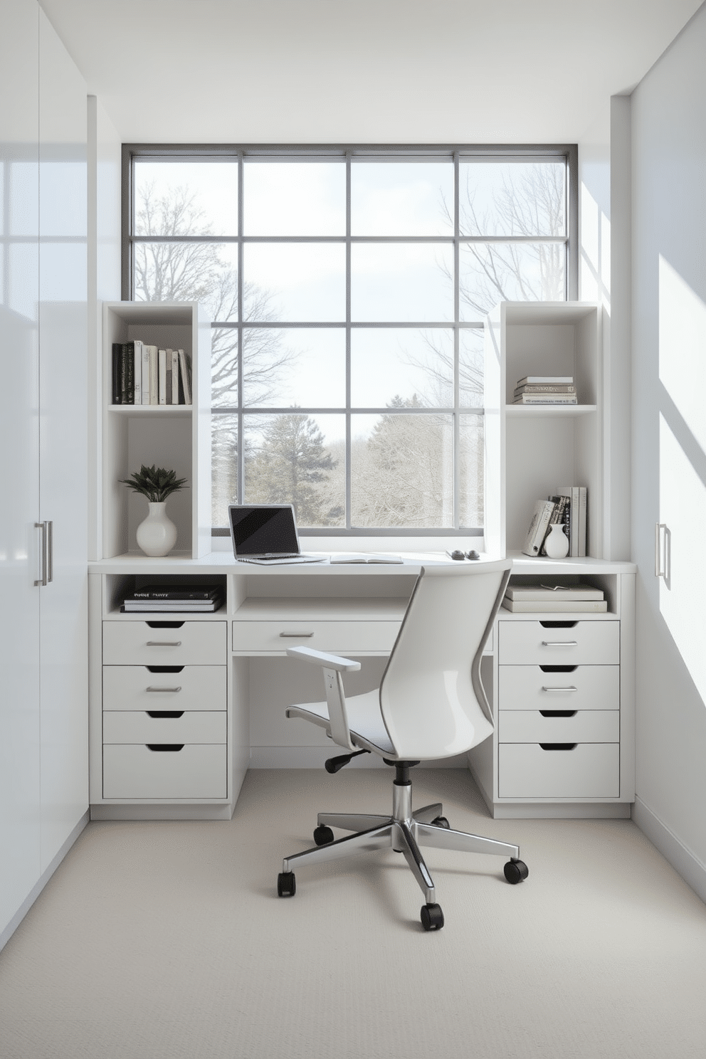 A sleek white study room features a built-in desk with clean lines and ample storage, complemented by an ergonomic chair designed for comfort and style. Natural light floods the space through large windows, highlighting the minimalist decor and soft textures that create an inviting atmosphere.