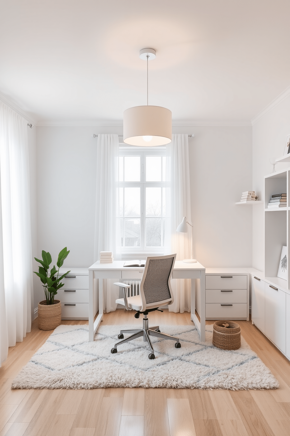 A bright and airy white study room featuring layered lighting that enhances both ambiance and functionality. The room includes a sleek white desk with a modern ergonomic chair, illuminated by a combination of a stylish pendant light and adjustable desk lamp. Soft natural light floods in through large windows adorned with sheer white curtains. On the walls, floating shelves display books and decorative items, while a plush area rug adds warmth to the space.