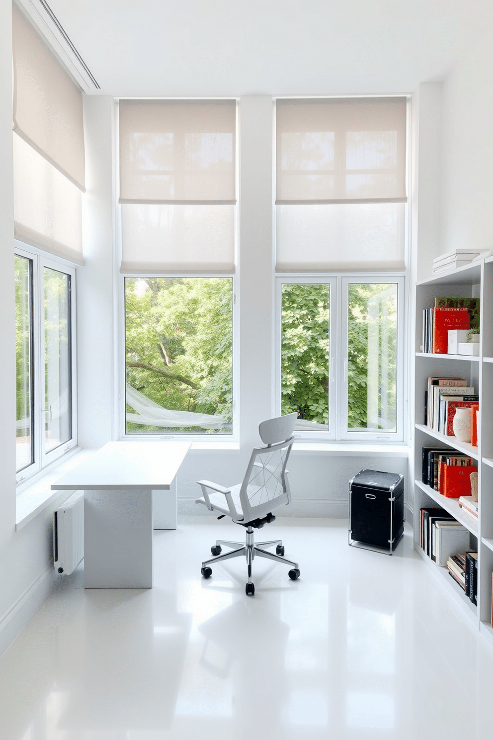 A bright white study room features large windows adorned with neutral curtains that gently soften the natural light streaming in. The room is furnished with a sleek white desk, a comfortable ergonomic chair, and shelves lined with books and decorative items, creating a serene and inspiring workspace.