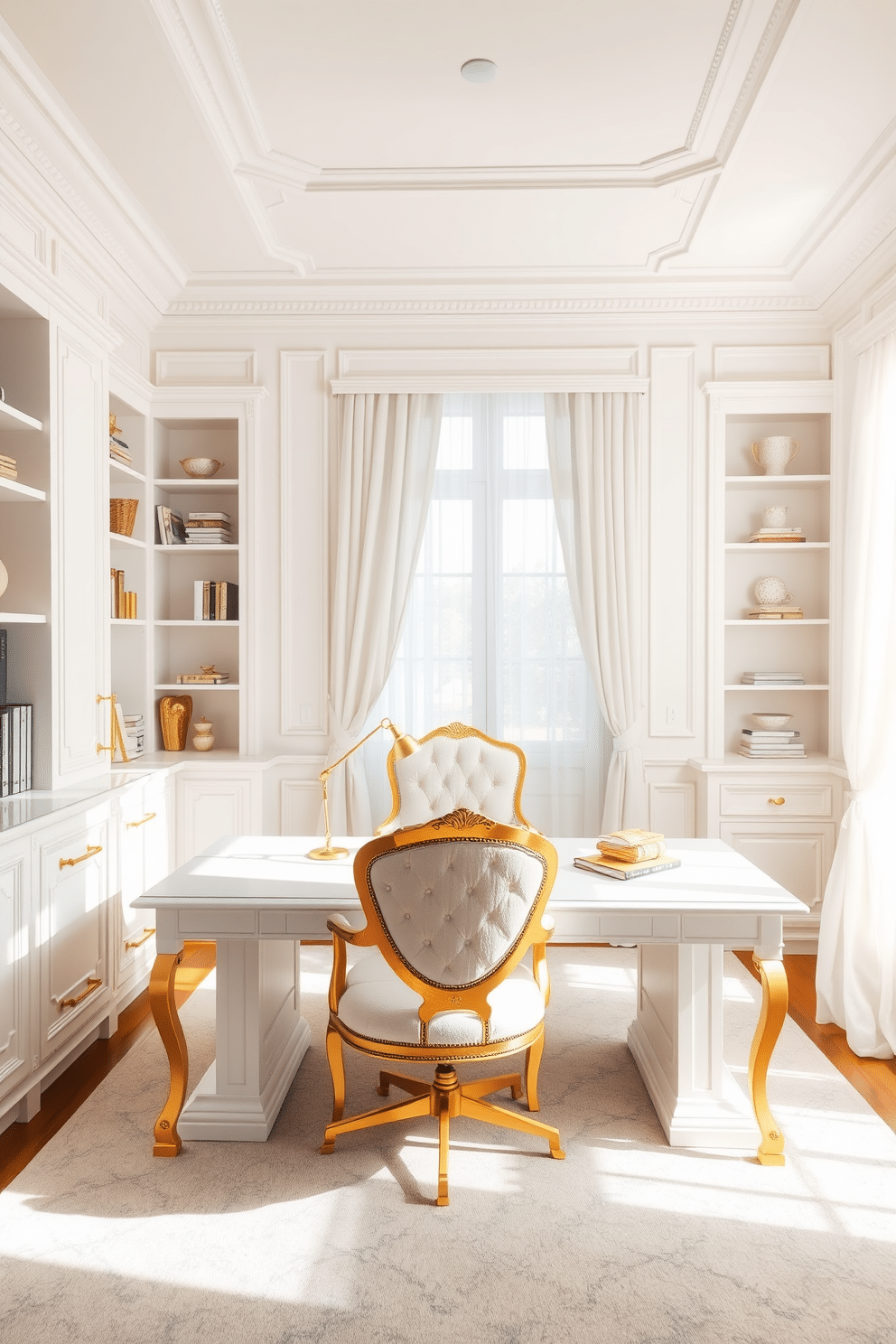 A serene study room bathed in white and gold tones. The walls are adorned with elegant white paneling, while gold accents highlight the shelving and desk hardware. A large white desk sits in the center, complemented by a plush gold-accented chair. Natural light floods the space through sheer white curtains, enhancing the warm, inviting atmosphere.