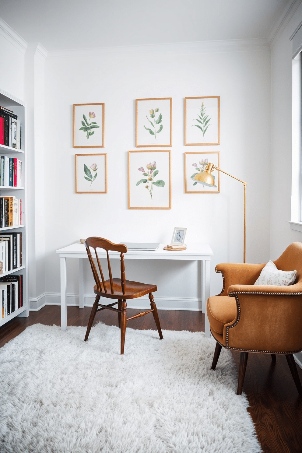 A stylish white study room that seamlessly blends vintage touches with modern furniture. The space features a sleek white desk paired with an antique wooden chair, complemented by a retro floor lamp with a brass finish. The walls are adorned with framed vintage botanical prints, adding a touch of nostalgia. A plush, contemporary area rug anchors the room, while a bookshelf filled with both classic novels and modern decor pieces lines one side.