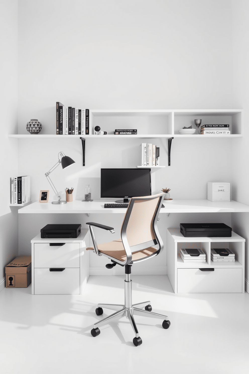 A bright white study room featuring a sleek desk with functional storage solutions underneath. The desk is accompanied by a comfortable ergonomic chair, and the walls are adorned with minimalist shelving that holds books and decorative items.