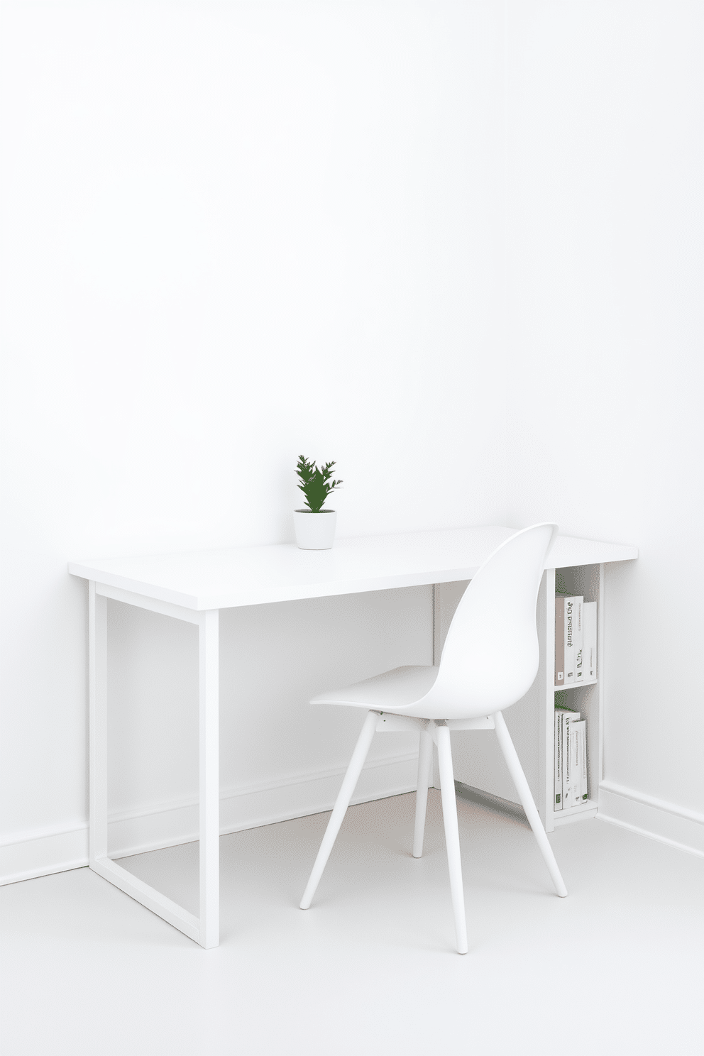 A minimalist white desk is positioned against a wall, featuring clean lines and a sleek design. A matching white chair with a simple silhouette complements the desk, creating a serene and uncluttered workspace. The walls are painted in a soft white hue, enhancing the room's brightness and spaciousness. A single potted plant on the desk adds a touch of greenery, while a small bookshelf in the corner holds neatly arranged books and decorative items.