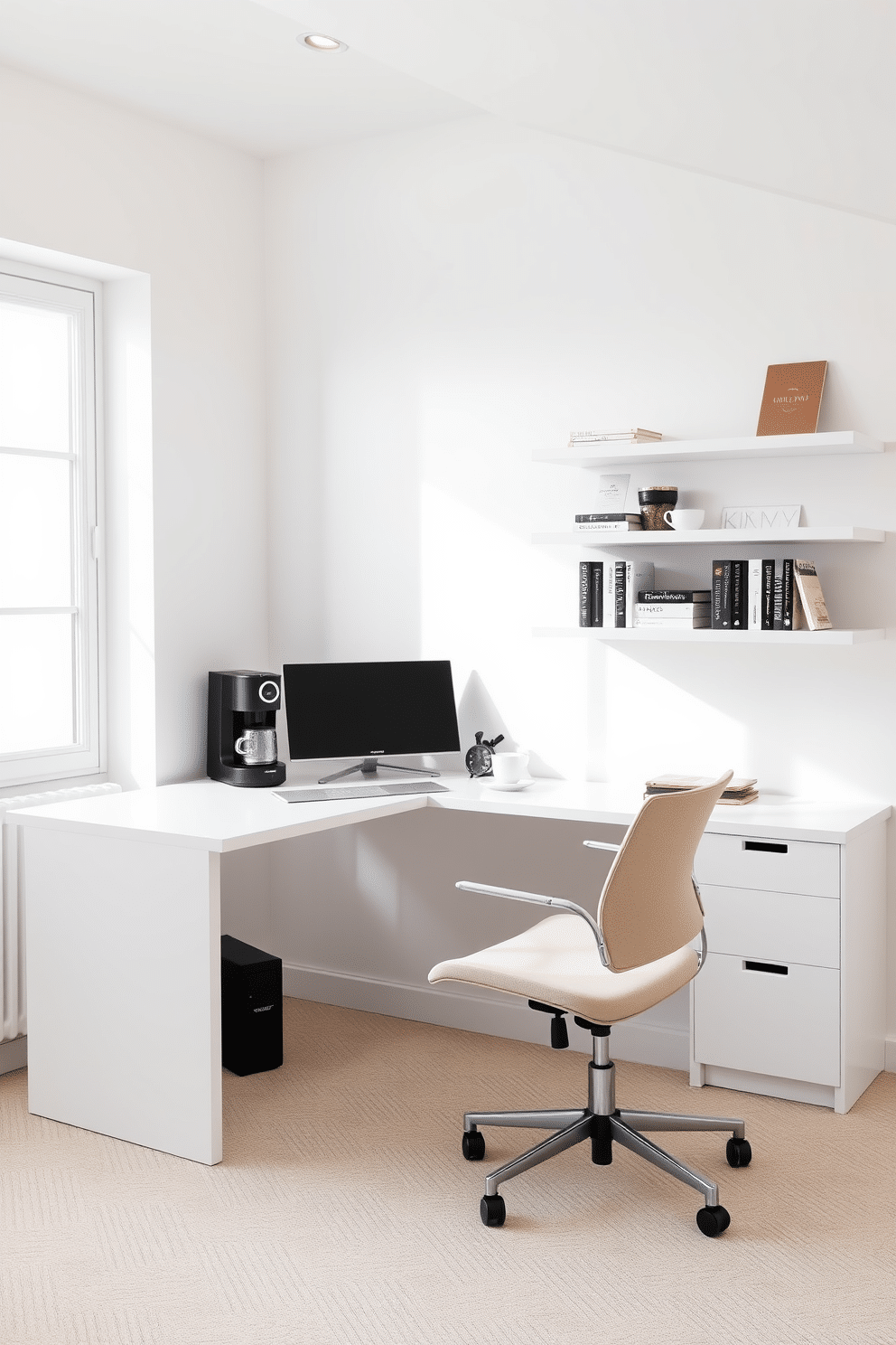 A modern white study room featuring a sleek desk with a minimalist design, complemented by a comfortable ergonomic chair. In one corner, there's a small coffee station with a stylish coffee maker, neatly arranged mugs, and a selection of coffee beans, adding a cozy touch to the workspace. The walls are painted in a crisp white, accented by floating shelves displaying books and decorative items. Natural light streams in through a large window, illuminating the space and creating an inviting atmosphere for productivity and relaxation.