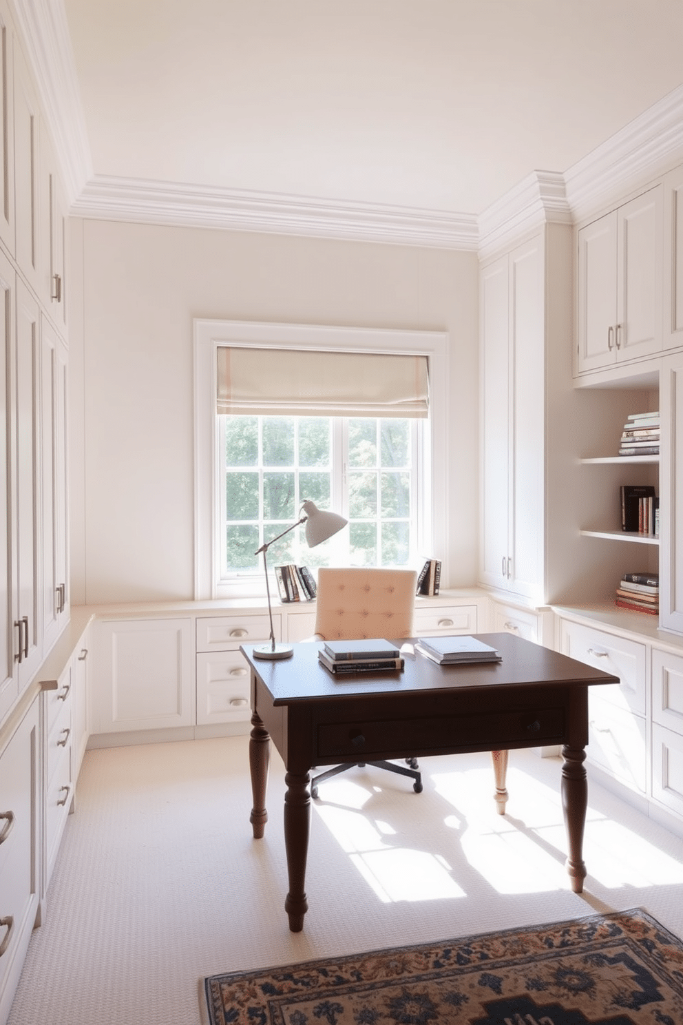 Crisp white cabinetry lines the walls of a bright study room, providing ample storage while enhancing the space's airy feel. A large wooden desk sits in front of a window, adorned with a sleek lamp and a few decorative books, creating an inviting workspace. The walls are painted in a soft pastel hue, complementing the white cabinetry and creating a serene atmosphere. A cozy reading nook is nestled in one corner, featuring a plush armchair and a small side table, perfect for enjoying a quiet moment with a book.