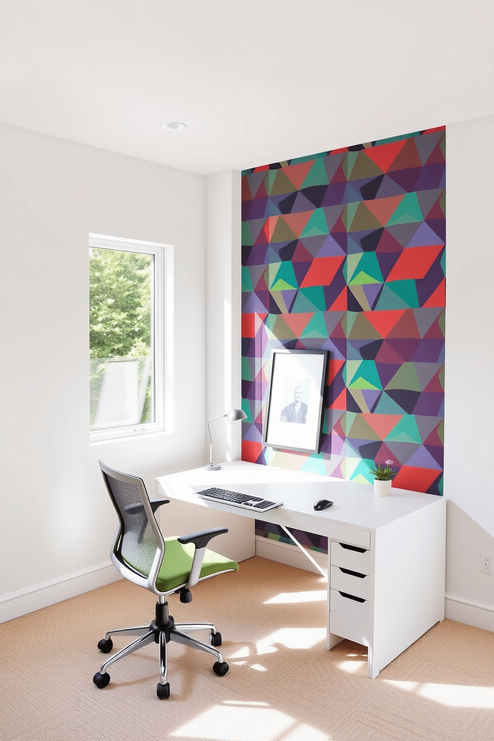 A striking accent wall features a bold, geometric wallpaper in vibrant colors, creating a focal point in the room. The surrounding walls are painted in a soft white to balance the intensity of the design. The study room is designed with a minimalist approach, showcasing a sleek white desk paired with a modern ergonomic chair. Natural light floods the space through large windows, highlighting the clean lines and organized layout.