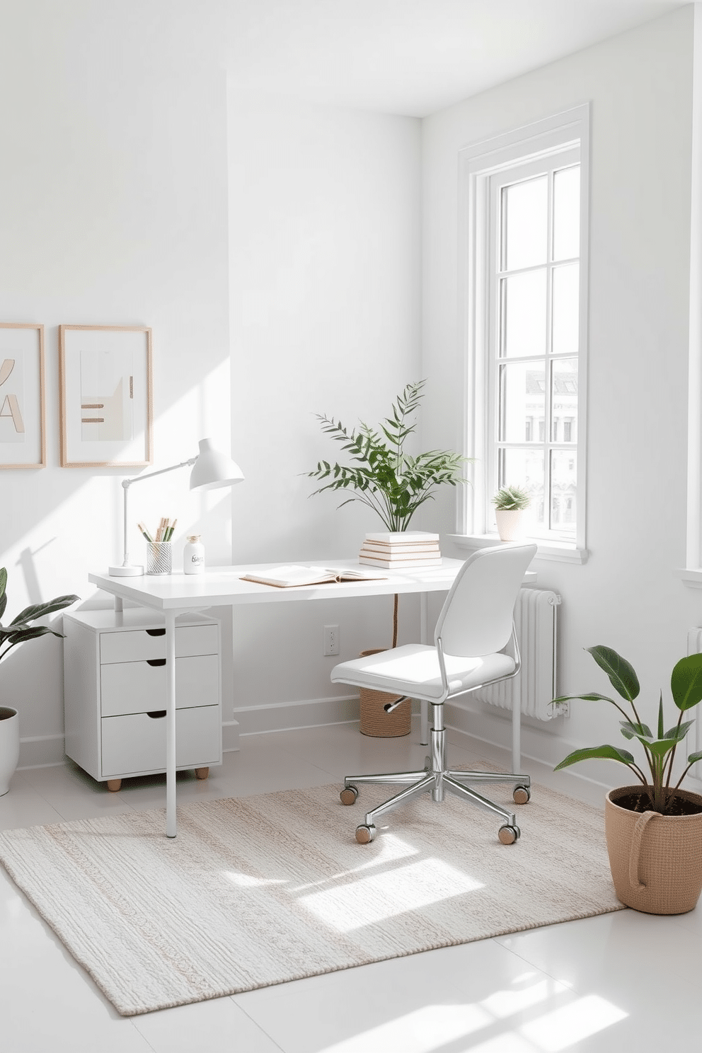 A minimalist white study room features a sleek desk with coordinating desk accessories in soft pastels, including a stylish pen holder and a decorative notebook. The walls are adorned with subtle artwork, and a comfortable chair complements the overall aesthetic, creating an inviting workspace. Natural light streams in through large windows, illuminating the space and highlighting the clean lines of the furniture. A cozy area rug in a matching color palette adds warmth, while potted plants bring a touch of greenery to the serene environment.