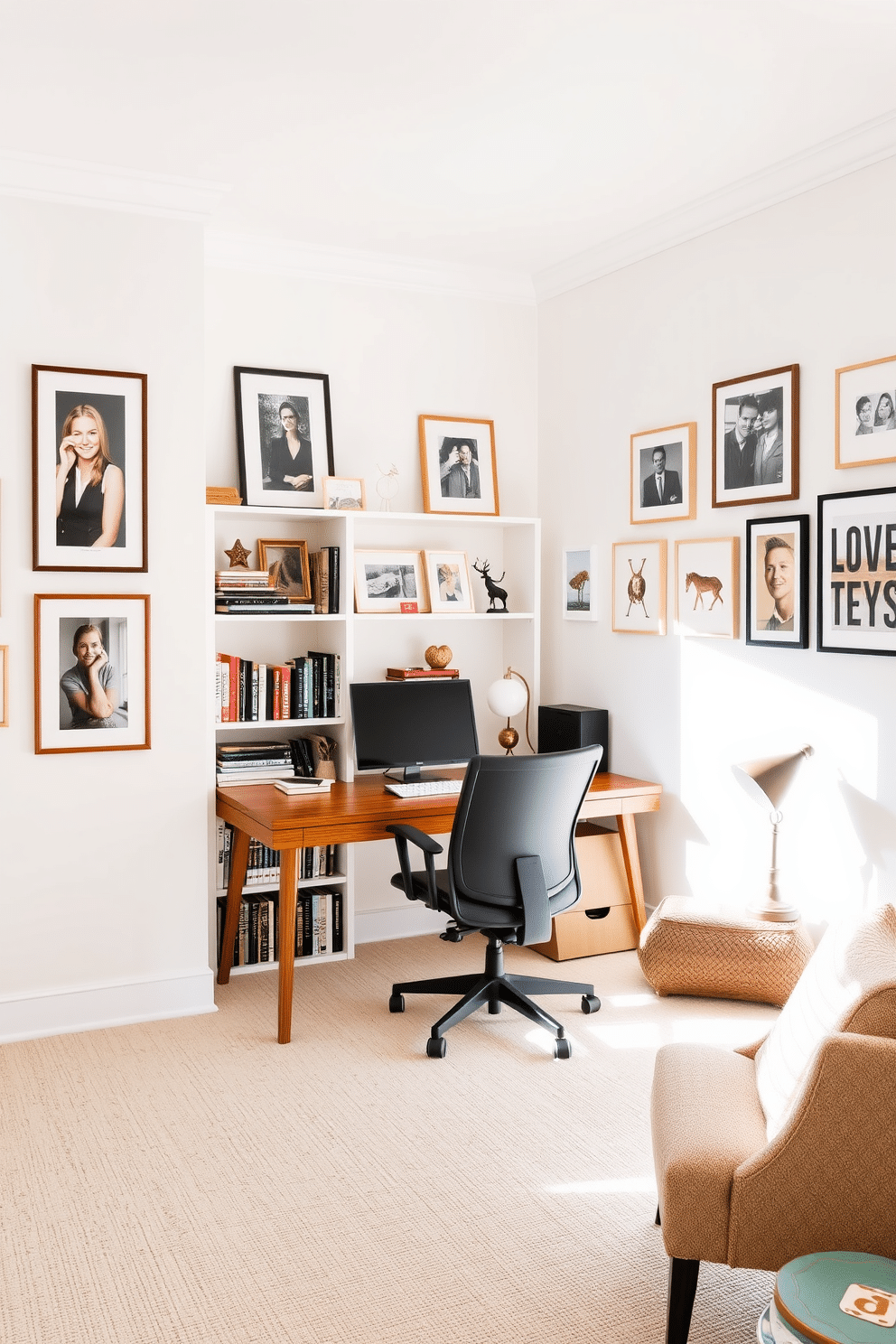 A bright and airy study room featuring personalized decor items that reflect the owner's character. The walls are painted in a soft white, adorned with framed photographs and artwork that showcase personal milestones and interests. A sleek wooden desk sits in the center, complemented by a comfortable ergonomic chair. A bookshelf filled with curated books and unique collectibles adds a touch of personality, while a cozy reading nook with a plush armchair and a small side table invites relaxation.