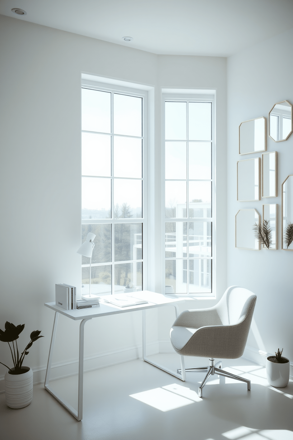 A bright white study room with large windows allowing natural light to flood in. The walls are painted a crisp white, and a sleek, modern desk is positioned near the window, topped with a minimalist lamp and a few neatly arranged books. On the opposite wall, a series of mirrors in varying sizes reflect the light, creating an illusion of depth and spaciousness. A comfortable, upholstered chair in a soft gray complements the decor, while a small indoor plant adds a touch of greenery to the serene atmosphere.