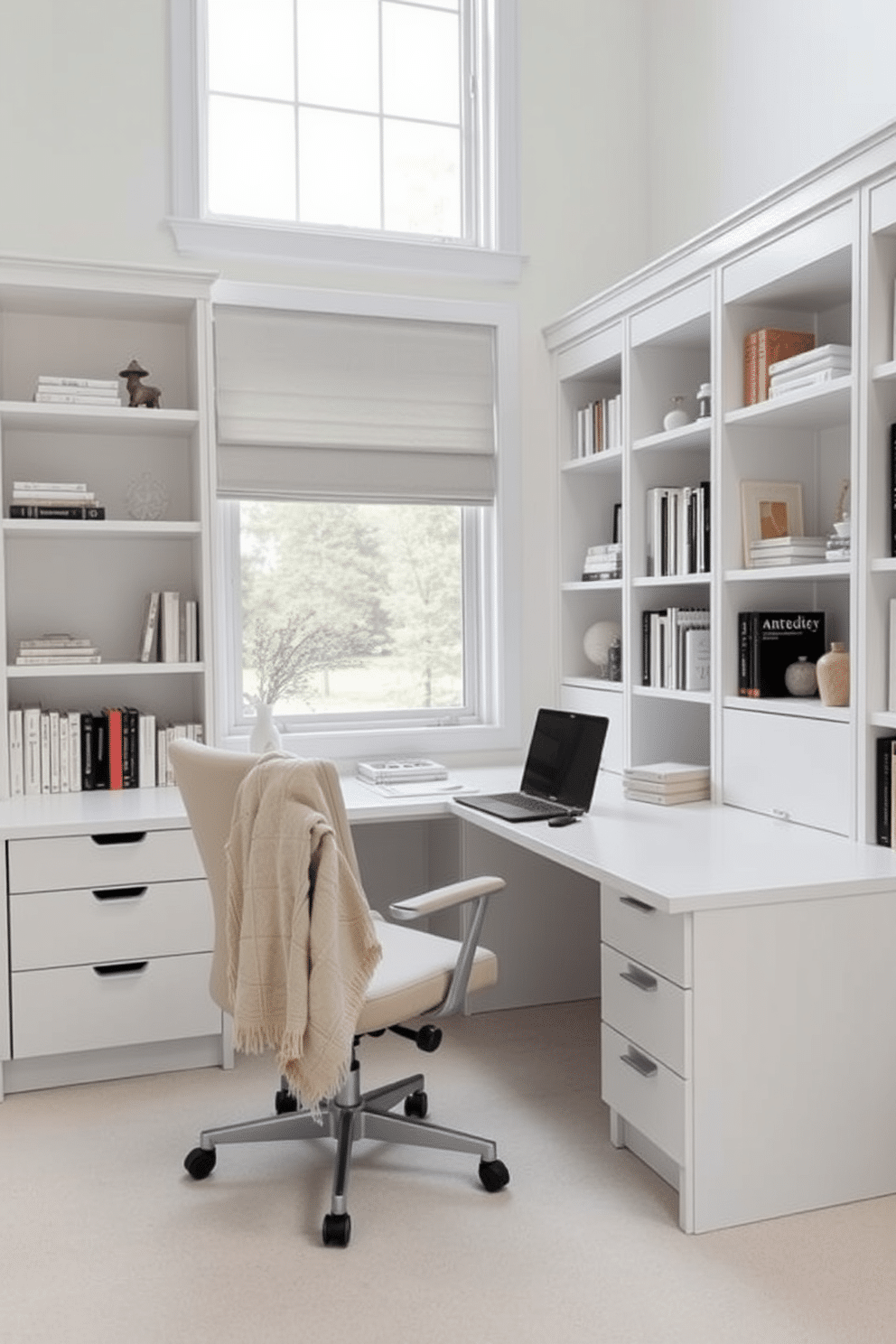 A serene white study room designed for comfort and productivity. The room features a large, minimalist desk with clean lines, paired with an ergonomic chair upholstered in soft fabric. A cozy throw blanket is draped over the back of the chair, inviting relaxation during breaks. Shelves filled with books and decorative items line the walls, while a large window allows natural light to fill the space, enhancing the tranquil atmosphere.