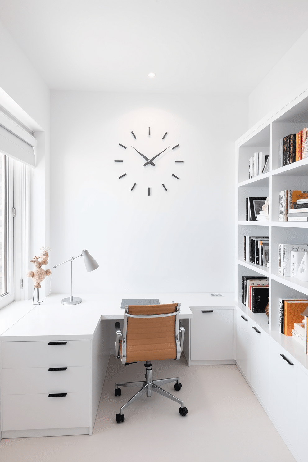 A simple clock with a sleek design hangs on the wall, featuring a minimalist face and elegant hands. The clock adds a stylish touch to the overall aesthetic of the room, seamlessly blending functionality with modern decor. The study room is designed with a bright white palette, creating an airy and open atmosphere. A large desk with clean lines is positioned by a window, complemented by a comfortable chair and organized shelves filled with books and decorative items.