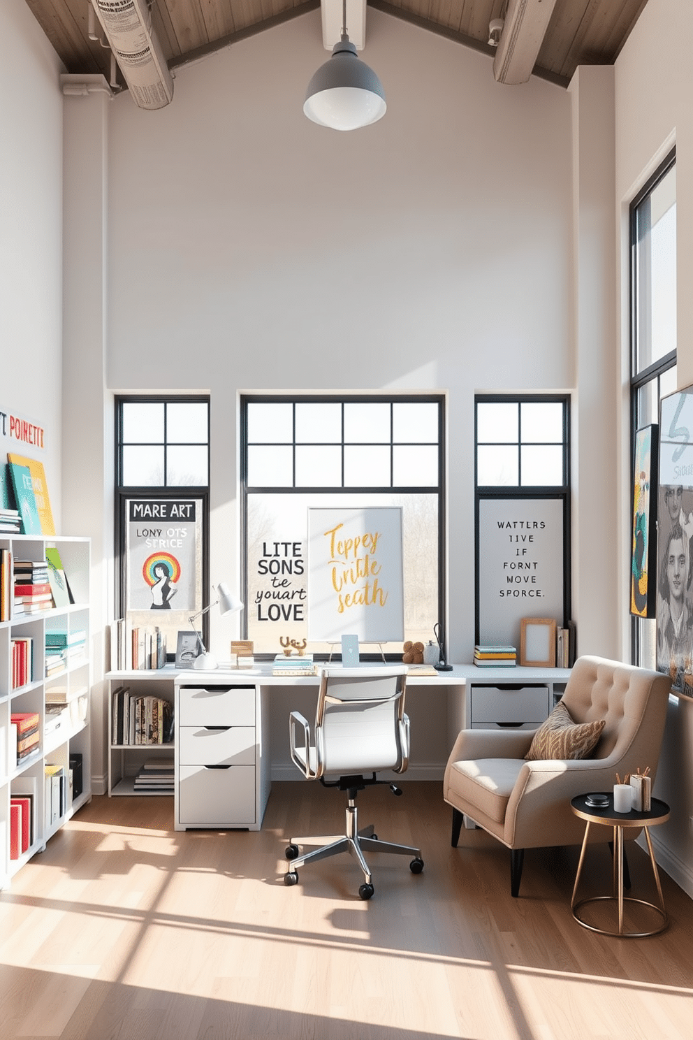 An open layout study room designed to promote creativity features large windows that allow natural light to flood the space, enhancing focus and inspiration. The room is furnished with a minimalist white desk and an ergonomic chair, surrounded by shelves filled with books and art supplies. The walls are adorned with colorful artwork and motivational quotes, creating an inviting atmosphere. A cozy reading nook with a plush armchair and a small side table adds a comfortable spot for relaxation and reflection.