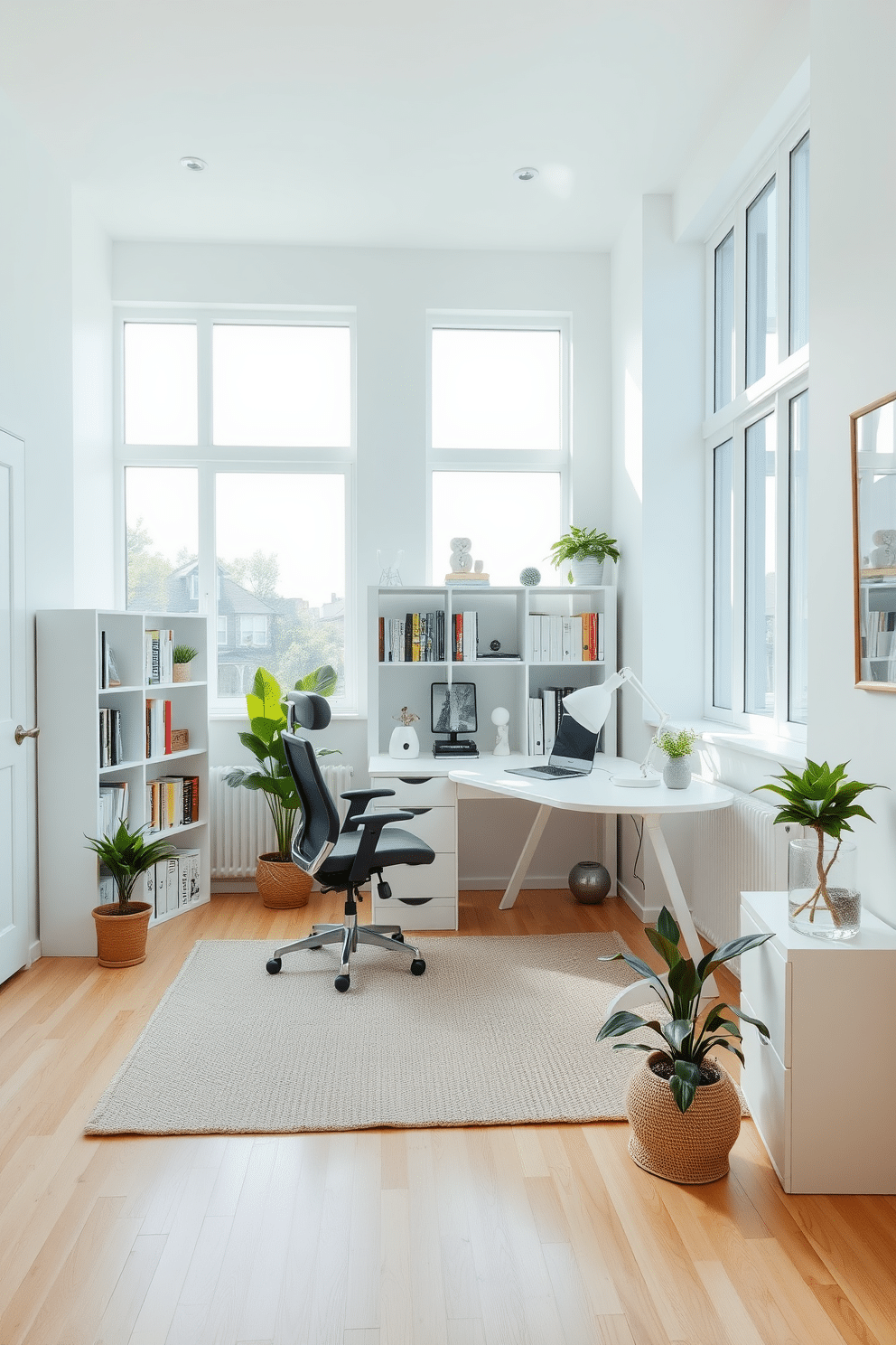 A bright and airy study room with large windows that allow natural light to flood the space. The walls are painted in a crisp white, complemented by minimalist white furniture and a sleek wooden desk positioned to take advantage of the view outside. In one corner, a comfortable ergonomic chair sits beside a tall bookshelf filled with neatly organized books and decorative items. A soft area rug in neutral tones anchors the room, while a few potted plants add a touch of greenery and warmth to the overall design.