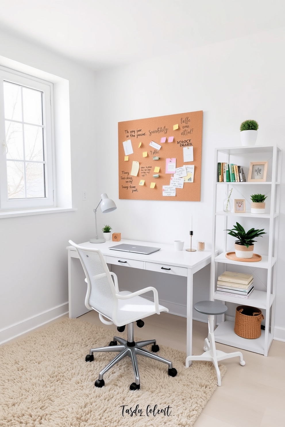 A bright and airy study room features a stylish bulletin board mounted on a white wall, surrounded by inspirational quotes and colorful notes. A sleek white desk with modern hardware sits beneath a large window, allowing natural light to illuminate the space and enhance productivity. The room is furnished with a comfortable ergonomic chair and minimalist shelving that showcases books and decorative items. Soft, neutral accents, such as a plush area rug and potted plants, create a calming atmosphere perfect for studying or working from home.