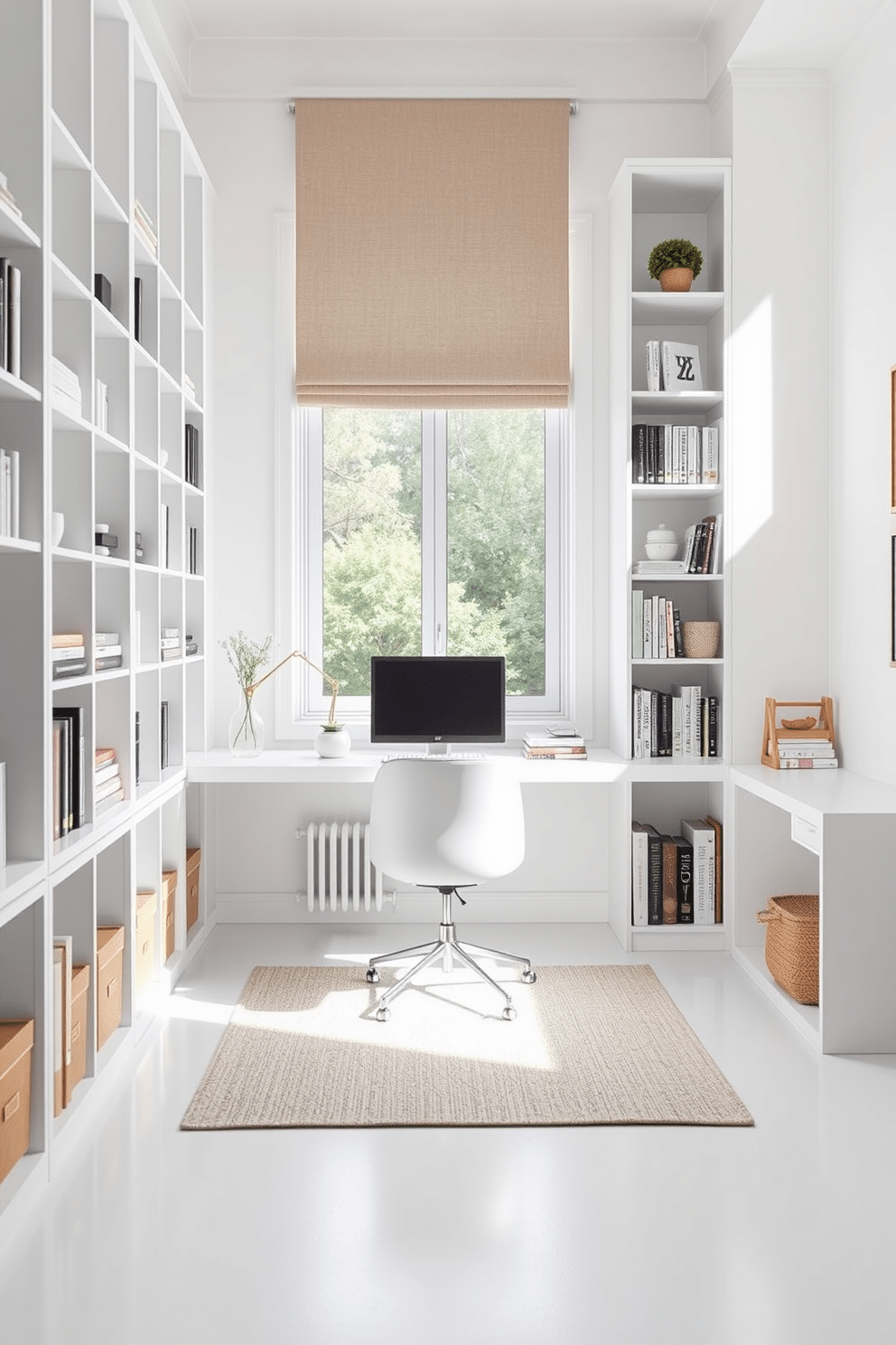 A bright and airy study room features white shelving units that provide organized storage for books and decorative items. The room is accented with a sleek desk facing a window, allowing natural light to illuminate the space. The walls are painted in a soft pastel hue, creating a calming atmosphere ideal for productivity. A comfortable chair is positioned at the desk, and a stylish rug lies beneath, adding warmth to the minimalist design.