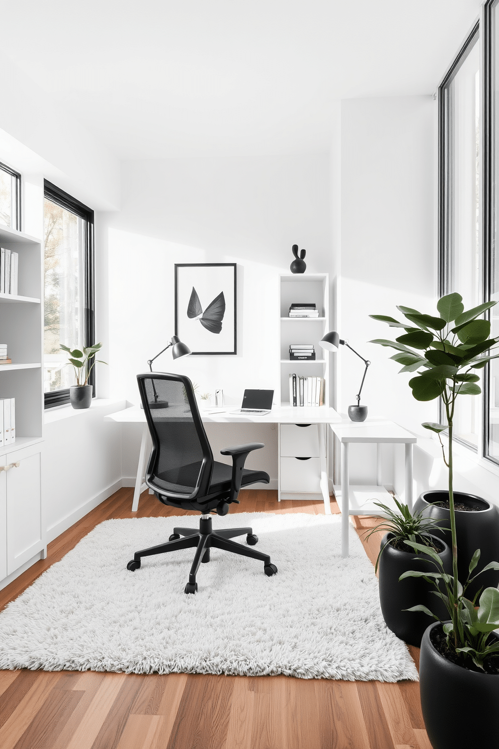 A serene white study room featuring a sleek, minimalist desk with clean lines and a comfortable ergonomic chair. The walls are painted in a crisp white, and the decor is accented with black elements, including a stylish bookshelf and a modern desk lamp. Natural light floods the space through large windows, highlighting the subtle textures of a plush area rug beneath the desk. Potted plants in black ceramic pots add a touch of greenery, creating a calming atmosphere conducive to productivity.