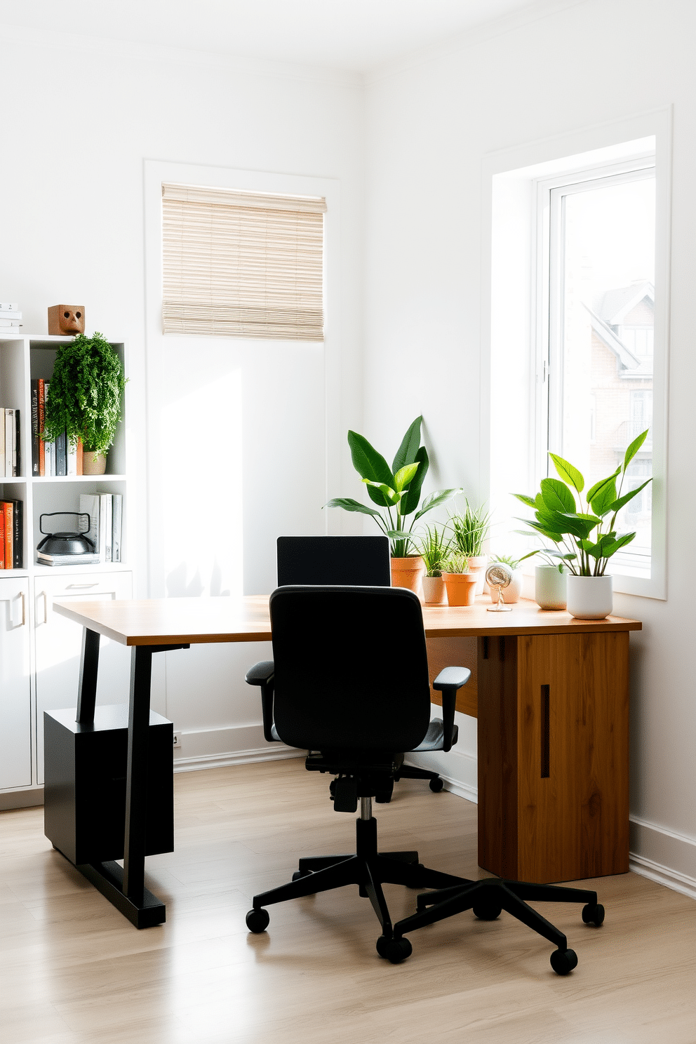 A serene study room filled with natural light. The walls are painted in a soft white, creating a clean backdrop for a large wooden desk positioned near a window. On the desk, a sleek laptop sits alongside a collection of green plants in stylish pots, adding a touch of nature to the space. A comfortable ergonomic chair complements the desk, while a bookshelf filled with books and decorative items lines one wall.