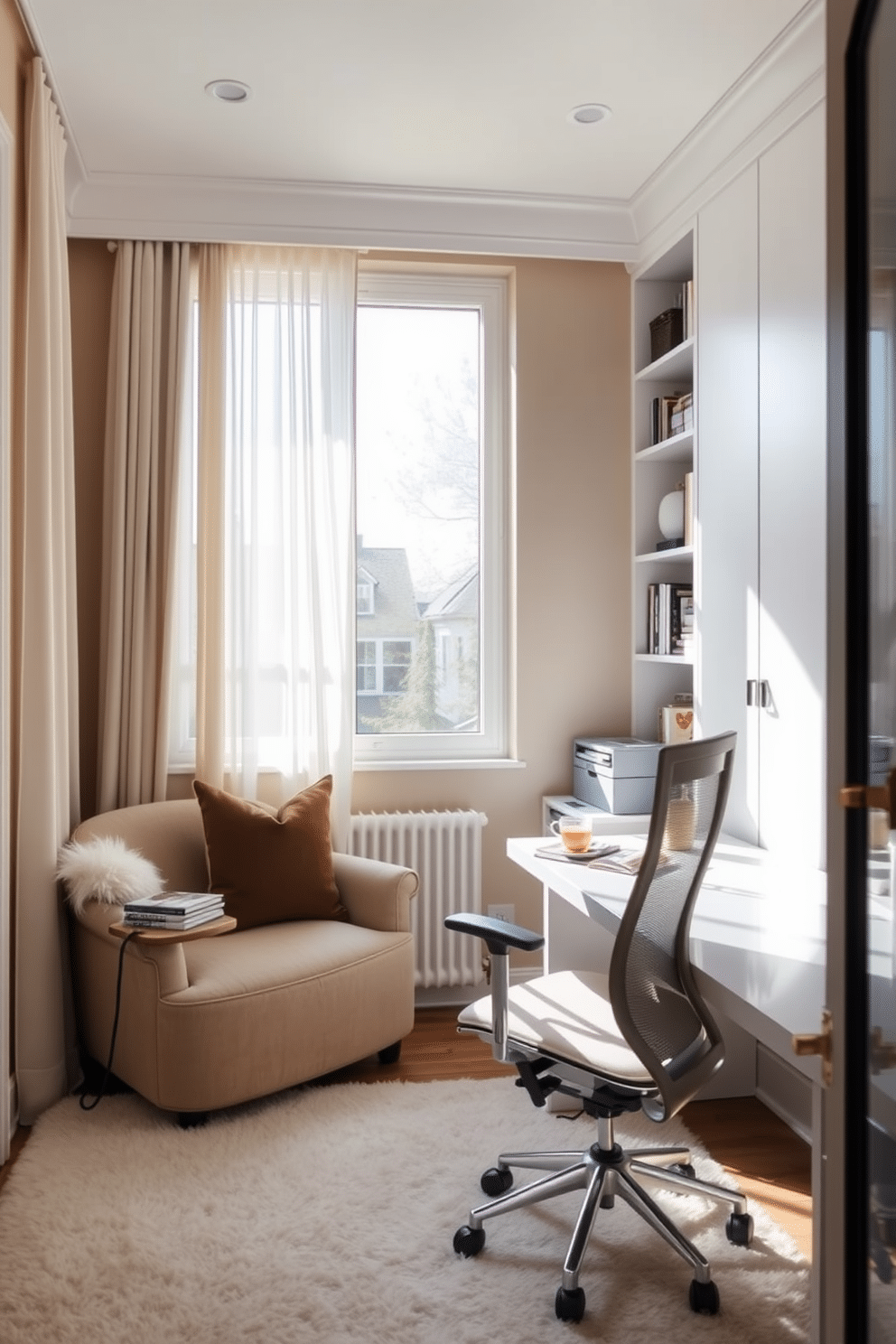 Cozy reading nook with plush cushions. A comfortable armchair is positioned next to a large window, adorned with sheer curtains that allow soft natural light to filter in. A small side table holds a stack of books and a steaming cup of tea. The walls are painted in a warm beige, and a soft area rug adds texture underfoot. White Study Room Design Ideas. The room features a sleek white desk paired with a modern ergonomic chair, positioned against a wall lined with built-in bookshelves. Natural light streams in from a large window, illuminating the space and creating an inviting atmosphere for productivity.