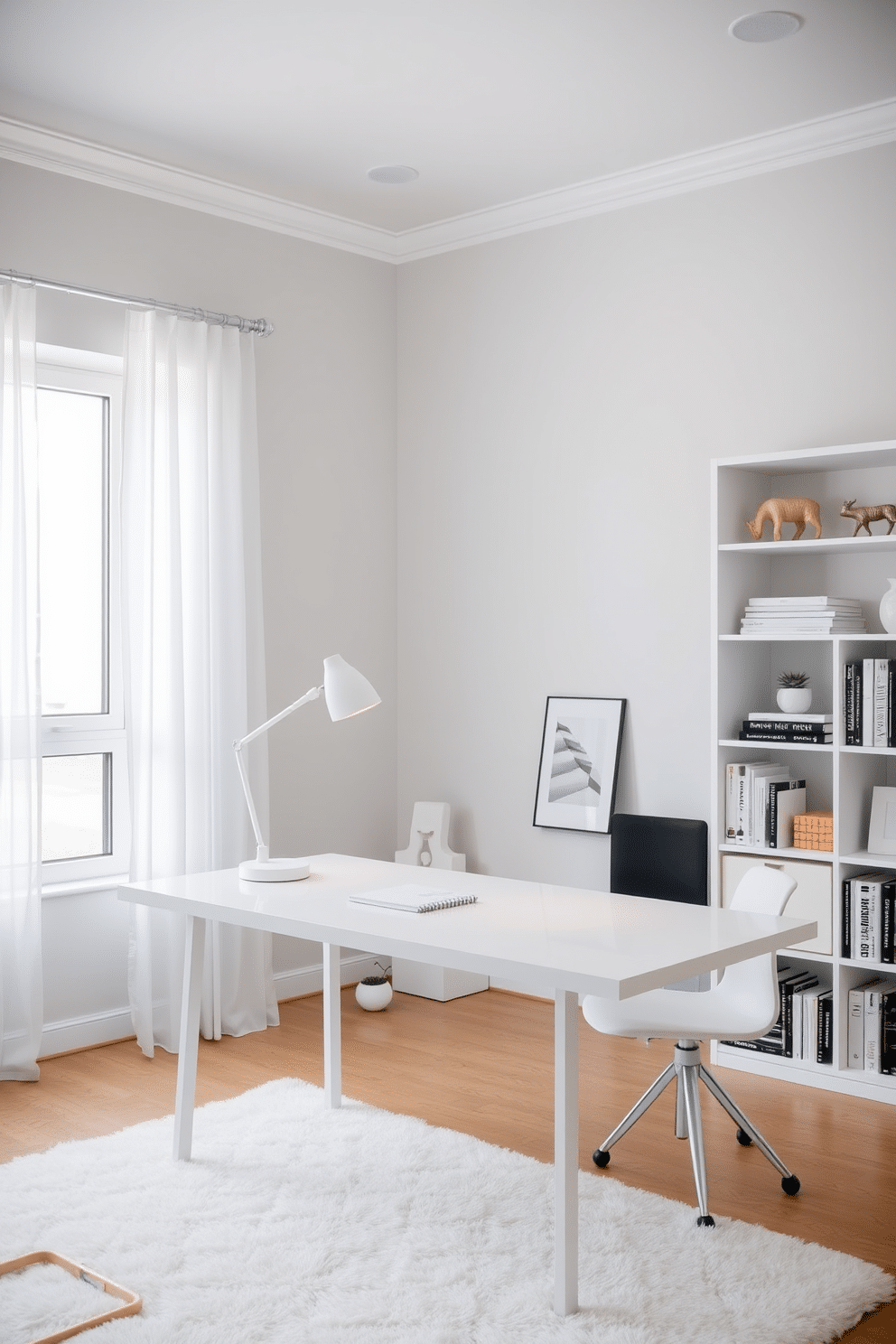 A sleek white desk lamp stands elegantly on a minimalist white desk, providing focused task lighting. The walls of the study room are painted in a soft gray, complementing the clean lines of the furniture and enhancing the bright, airy atmosphere. The room features a large window allowing natural light to flood in, with sheer white curtains softly diffusing the sunlight. A modern bookshelf filled with neatly arranged books and decorative items adds character to the space, while a plush area rug anchors the room, inviting comfort and warmth.