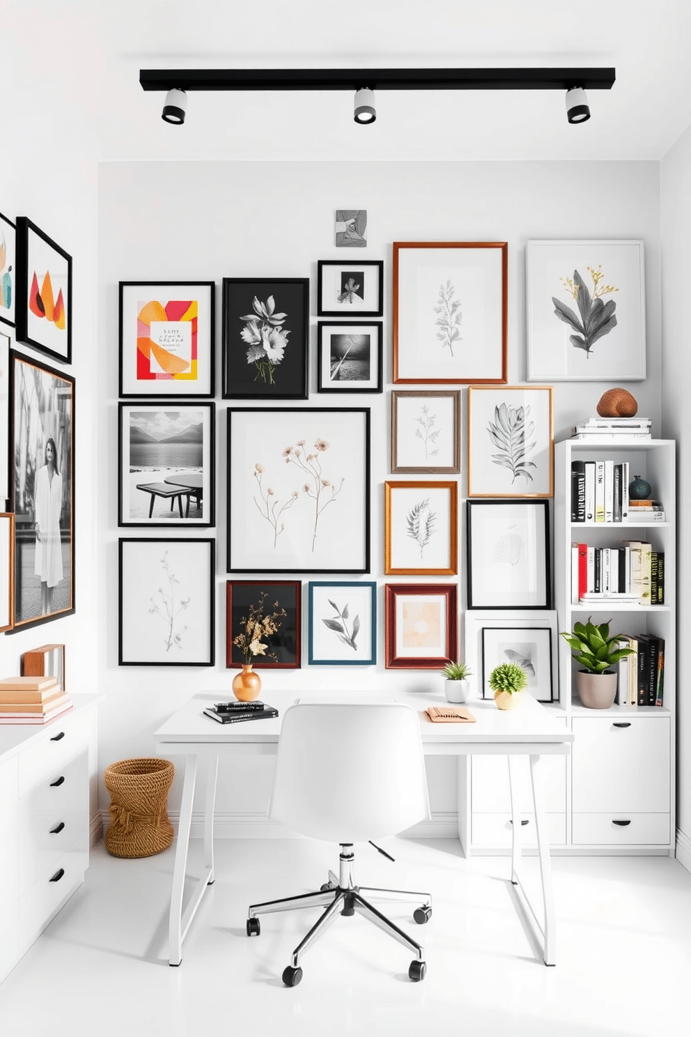 A gallery wall featuring an eclectic mix of framed artwork in various sizes and styles, creating a vibrant focal point in the room. The wall is adorned with colorful abstract pieces, black-and-white photography, and elegant botanical prints, all arranged in a harmonious layout. A bright white study room designed for productivity and inspiration, with a sleek white desk positioned under a large window that allows natural light to flood the space. The room features minimalist shelving filled with books, a comfortable chair, and subtle pops of color from decorative items and plants.