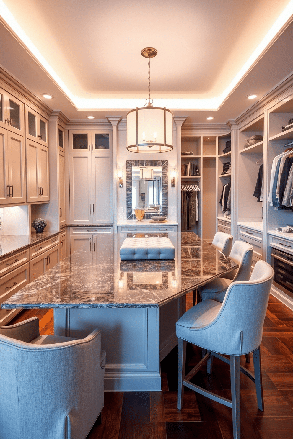 A spacious kitchen island with a sleek, polished granite countertop, surrounded by elegant bar stools upholstered in soft gray fabric. The island features built-in storage cabinets and a stylish pendant light hanging above, creating a warm and inviting atmosphere. A luxurious walk-in closet designed with custom shelving and hanging space, featuring a plush ottoman in the center for comfort. The walls are adorned with soft, ambient lighting and a full-length mirror, while the flooring is a rich hardwood that adds warmth to the space.