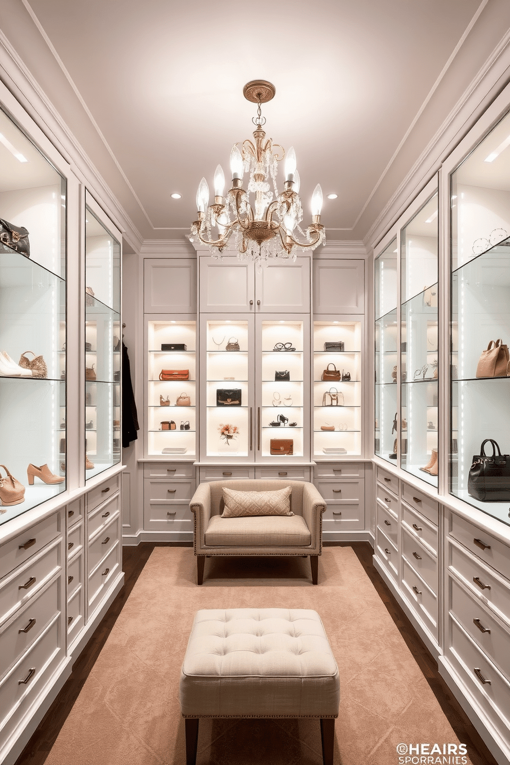 A luxurious walk-in closet featuring sleek glass display cases for accessories. The cases are elegantly arranged along the walls, showcasing a curated collection of jewelry and handbags against a soft, ambient lighting backdrop. The closet is designed with a spacious layout, incorporating a plush seating area in the center. Rich white cabinetry complements the bright, airy atmosphere, while a chic chandelier adds a touch of glamour overhead.