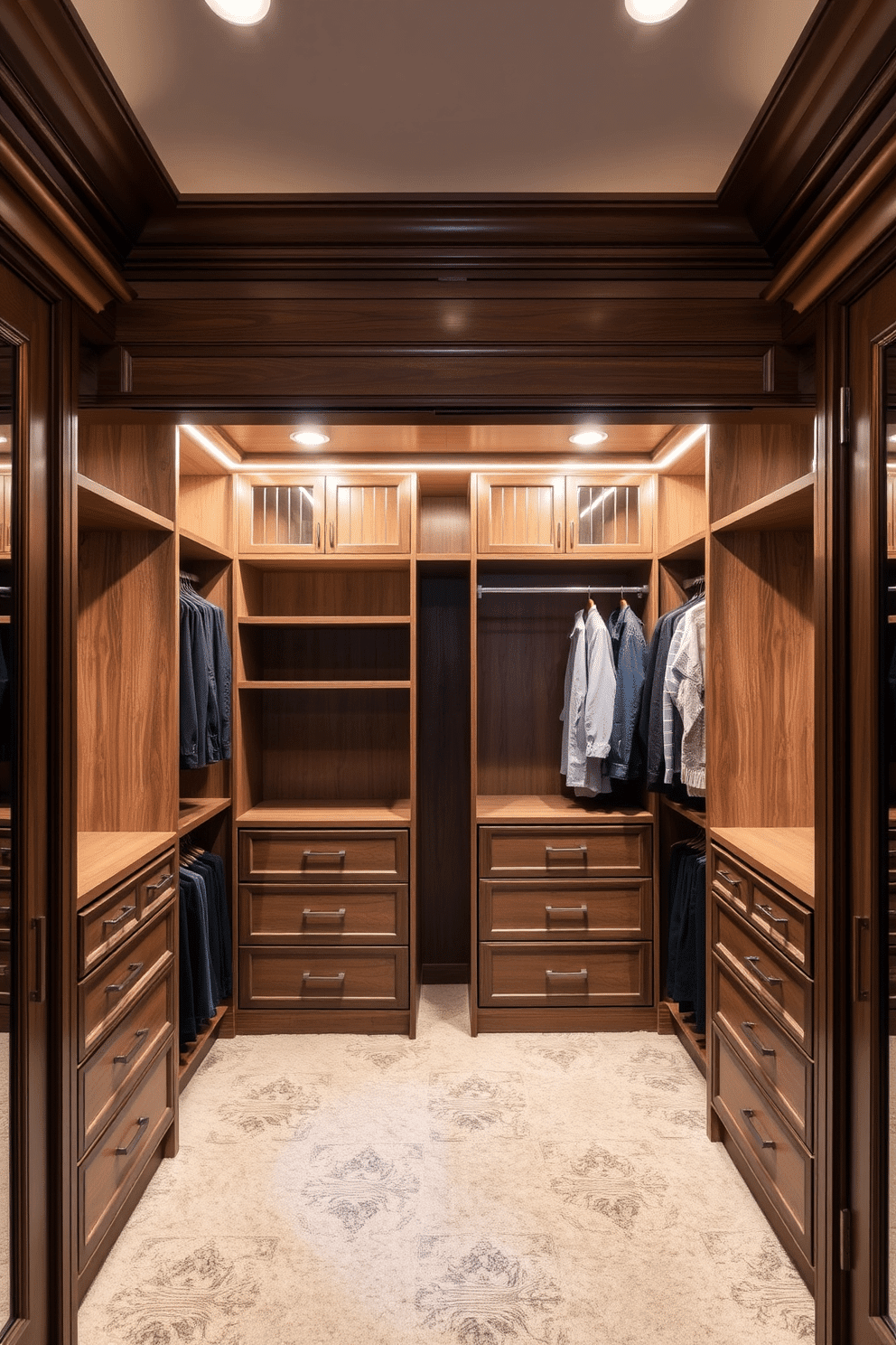 A luxurious walk-in closet featuring elegant crown molding that adds a sophisticated touch to the space. The closet is designed with custom shelving and hanging rods, illuminated by soft, ambient lighting that highlights the rich textures of the wood and plush carpeting.