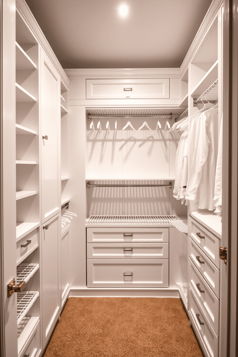 A luxurious white walk-in closet featuring multi-tiered hanging rods for optimal organization. The rods are elegantly arranged to maximize space, complemented by soft LED lighting that highlights the pristine white cabinetry and plush carpet underfoot.