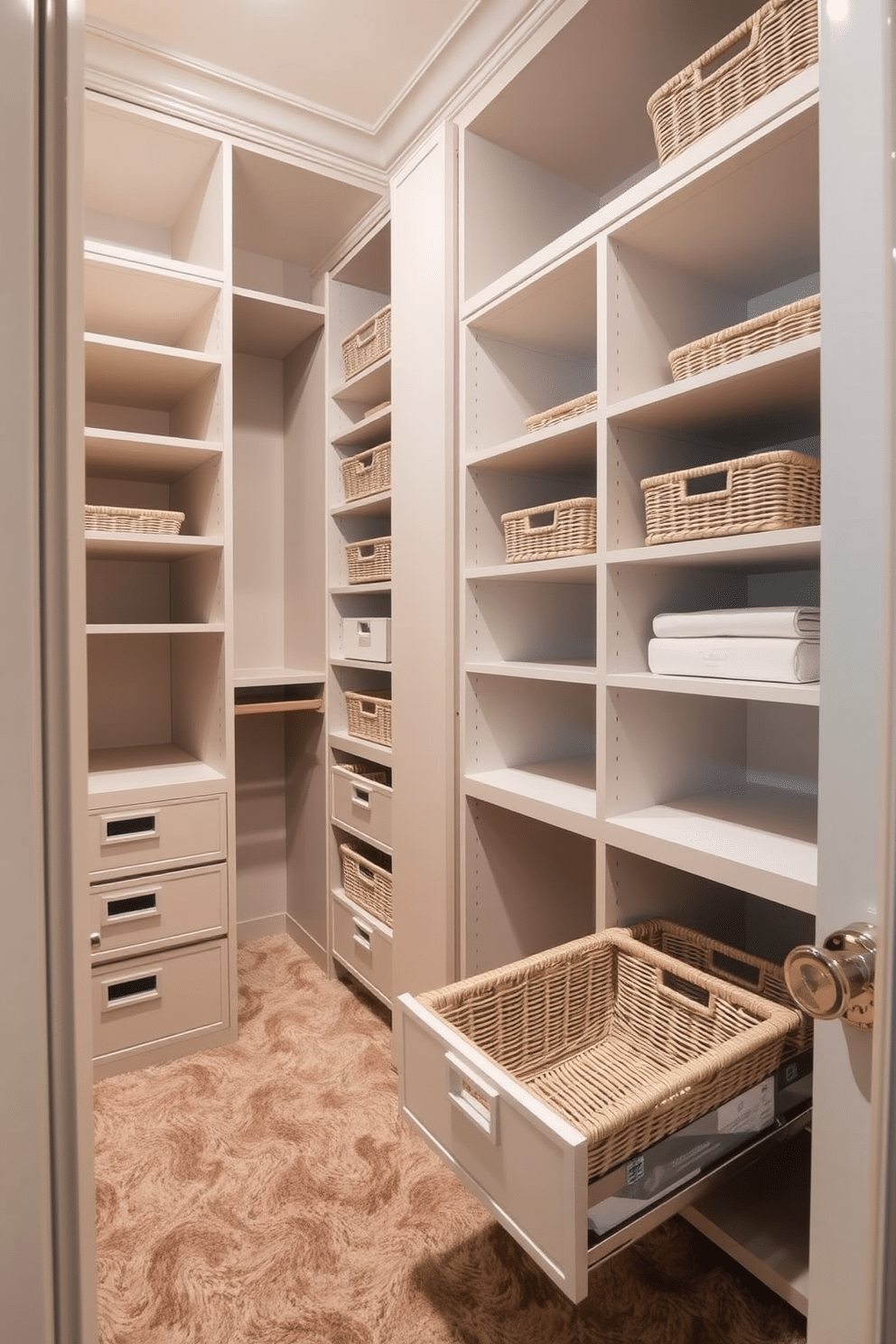 A luxurious walk-in closet featuring pull-out baskets for easy access, elegantly arranged to maximize storage while maintaining a sleek aesthetic. The walls are adorned with soft, neutral tones, and the floor is covered with plush carpeting, creating a warm and inviting atmosphere.