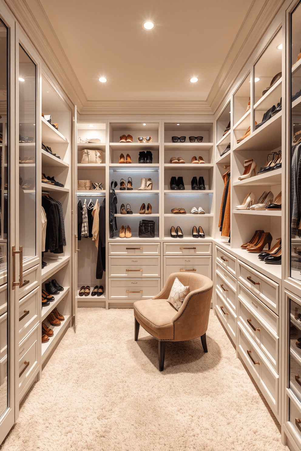 A luxurious walk-in closet featuring personalized name tags for organization. The space is designed with custom shelving and drawers, elegantly displaying shoes and accessories, while soft lighting highlights the beautifully arranged items. The walls are adorned with a soft, neutral color palette, creating a serene ambiance. Plush carpeting underfoot adds comfort, and a chic seating area invites relaxation while choosing outfits.