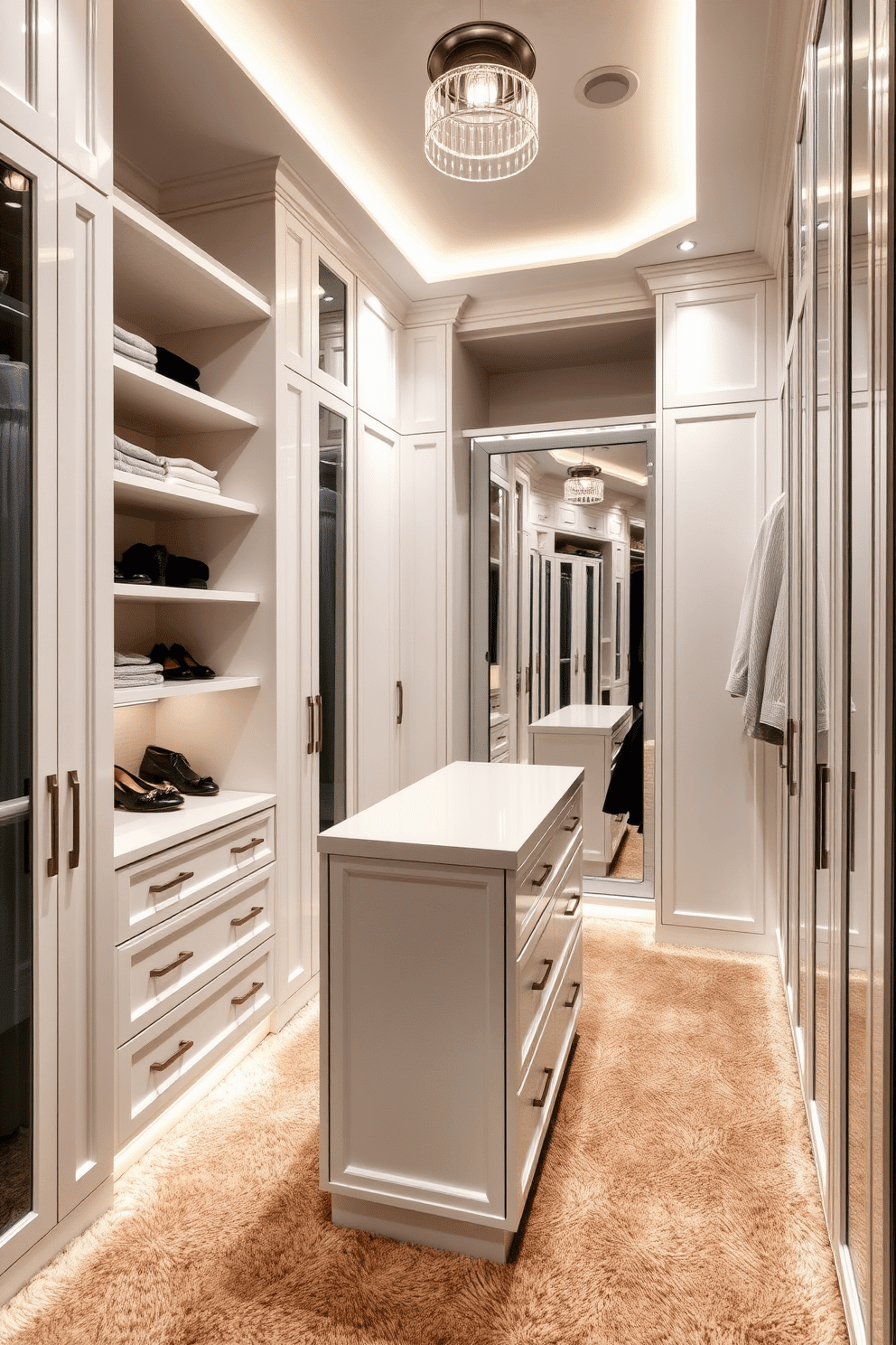 A luxurious walk-in closet featuring hidden compartments for valuables. The design includes sleek cabinetry with a mix of open shelving and closed storage, all finished in a soft white hue. Elegant lighting fixtures illuminate the space, highlighting the plush carpet underfoot. A central island offers additional storage and a convenient spot for accessories, while a full-length mirror adds functionality and style.