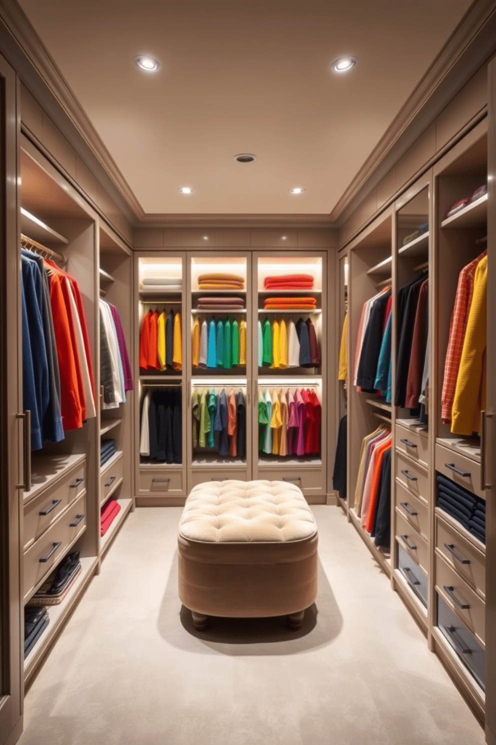 A luxurious walk-in closet designed with color-coordinated clothing sections. Each section features neatly arranged garments in a spectrum of colors, creating a visually stunning display. The closet is illuminated by soft, recessed lighting, enhancing the elegance of the space. Sleek cabinetry with polished hardware offers ample storage, while a plush ottoman sits in the center for added comfort.