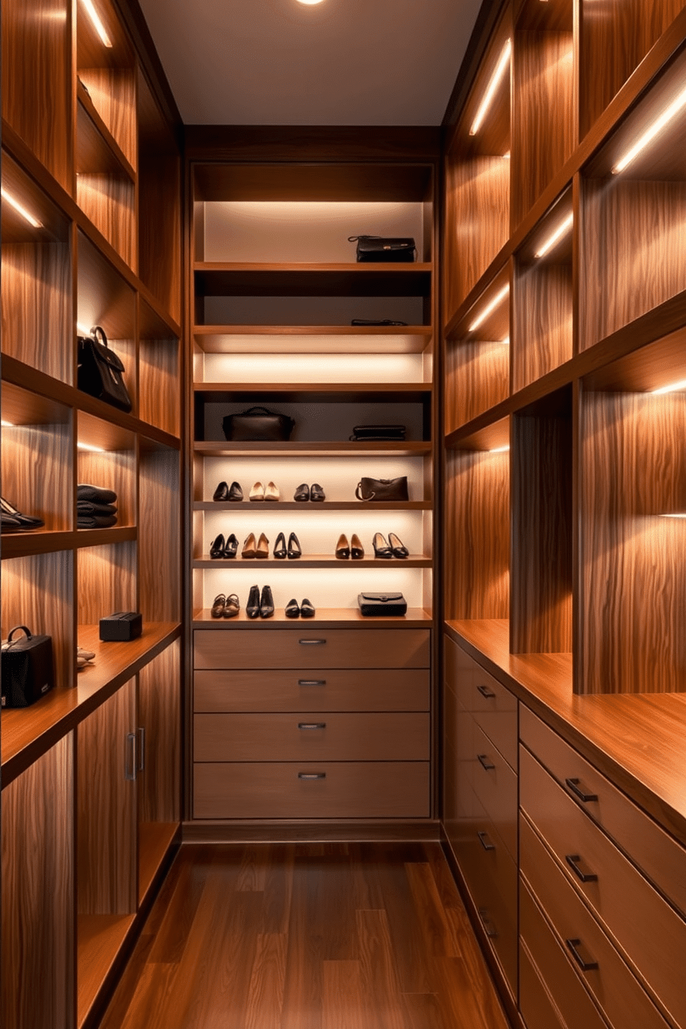 A luxurious walk-in closet features floor-to-ceiling custom shelving units crafted from rich walnut wood, providing ample storage for shoes, bags, and clothing. Soft, ambient lighting illuminates the space, highlighting the elegant design and creating a warm atmosphere perfect for dressing.