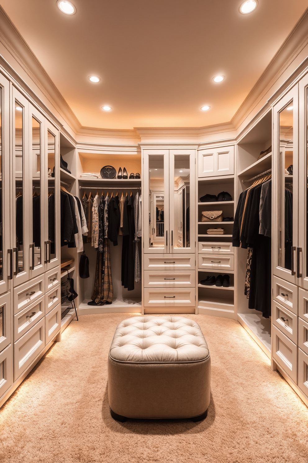 A luxurious walk-in closet featuring a full-length mirror that reflects the elegant design. The space is adorned with custom cabinetry in a soft white finish, providing ample storage for clothing and accessories. The closet is illuminated by warm recessed lighting, creating a welcoming atmosphere. Plush carpet underfoot adds comfort, while a chic ottoman sits in the center for convenience.