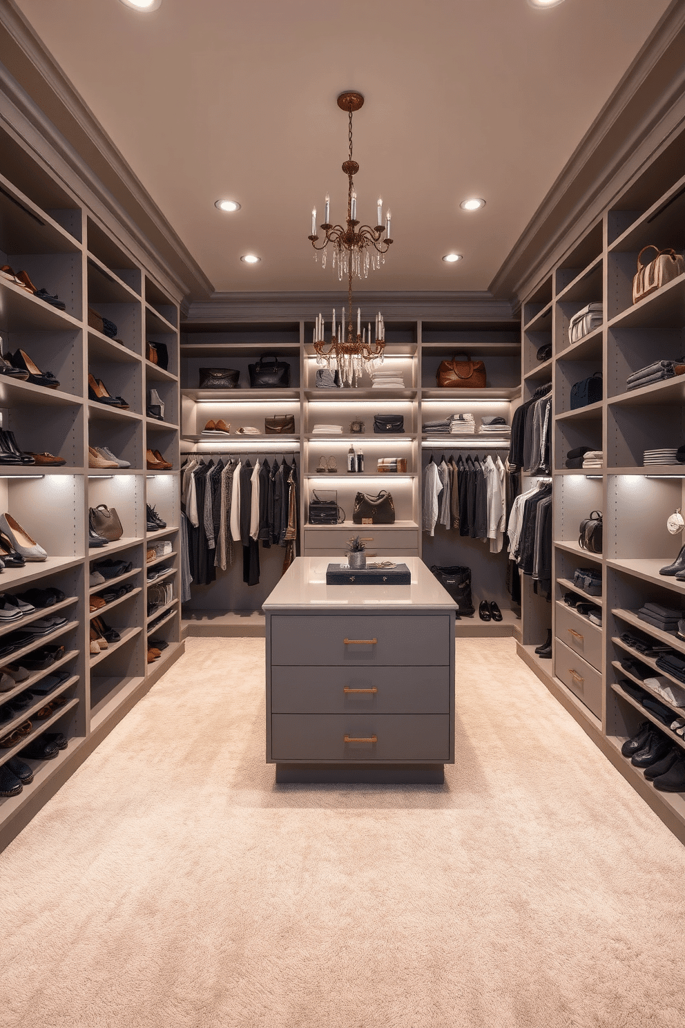 A stylish walk-in closet featuring adjustable shelving that allows for versatile storage solutions. The walls are adorned with soft gray paint, and the floor is covered with a plush, neutral-toned carpet. In the center, a large island with drawers provides additional space for accessories, while elegant lighting fixtures illuminate the area. The shelving units are arranged to showcase a mix of shoes, bags, and folded clothing, creating an organized yet luxurious atmosphere.