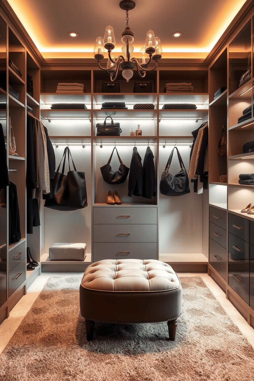 A luxurious walk-in closet featuring decorative hooks for bags and accessories. The space is elegantly organized with custom shelving and soft ambient lighting that highlights the rich textures of the materials used. The walls are adorned with a soft, neutral color palette, creating a serene backdrop for the carefully curated accessories. Plush carpeting underfoot adds to the comfort, while a stylish ottoman provides a perfect spot for sitting while selecting outfits.