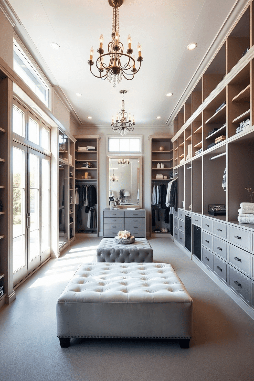 A spacious walk-in closet bathed in natural light streaming through large floor-to-ceiling windows. The design features custom shelving and hanging spaces, with a plush ottoman in the center and elegant lighting fixtures illuminating the space. The walls are painted in a soft, neutral tone, enhancing the brightness of the room. Luxurious touches include a full-length mirror and decorative accents, creating a sophisticated yet functional storage area.