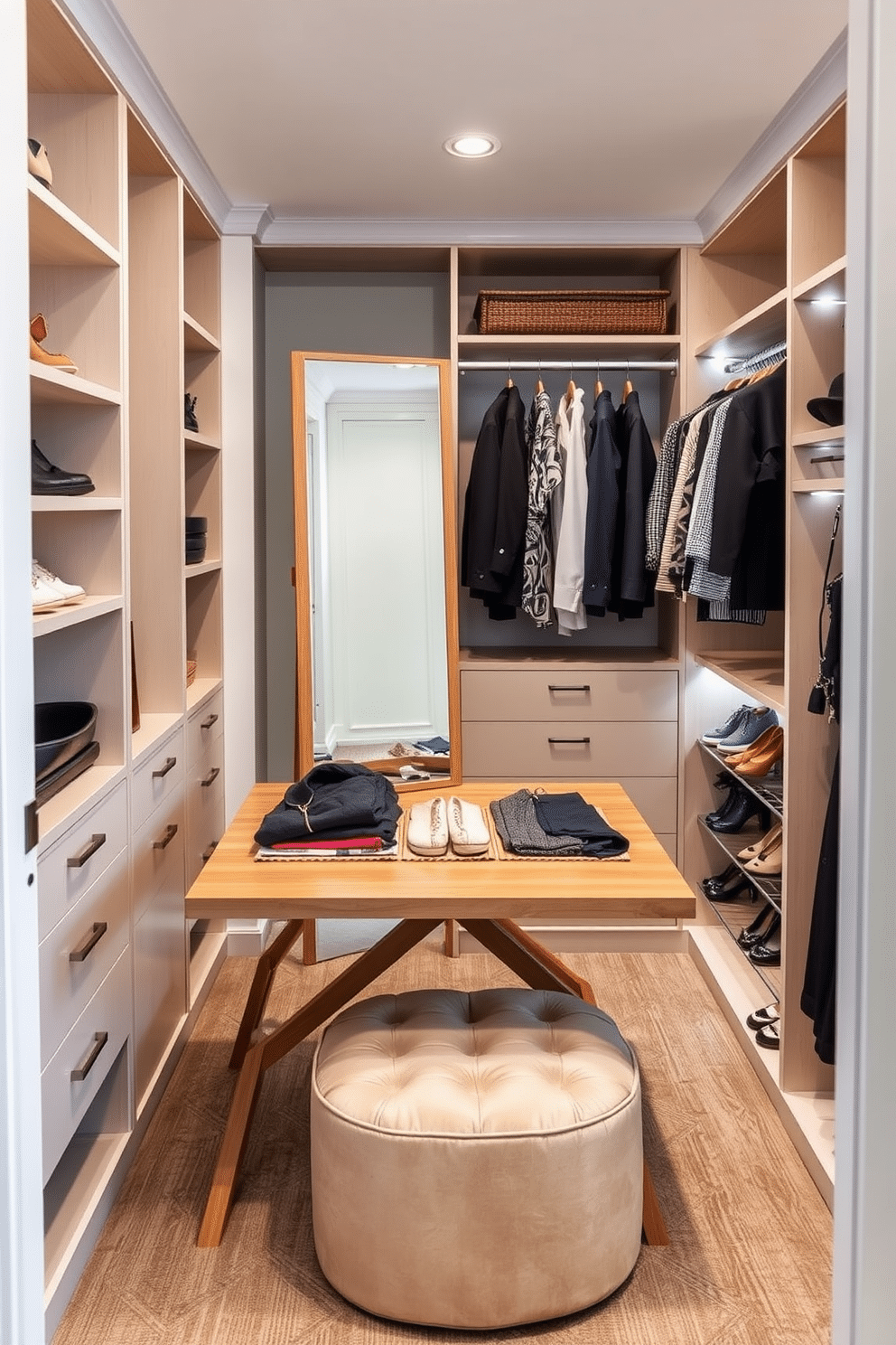 A stylish folding table is set up in a well-lit corner of a modern walk-in closet, featuring a sleek design with a natural wood finish. On top of the table, neatly arranged outfits are displayed alongside a full-length mirror, creating an efficient space for quick outfit planning. The walk-in closet boasts custom shelving and hanging spaces, with soft LED lights illuminating the area. Elegant shoe racks line one side, while a plush ottoman sits in the center, offering a comfortable spot to sit while selecting the perfect outfit.