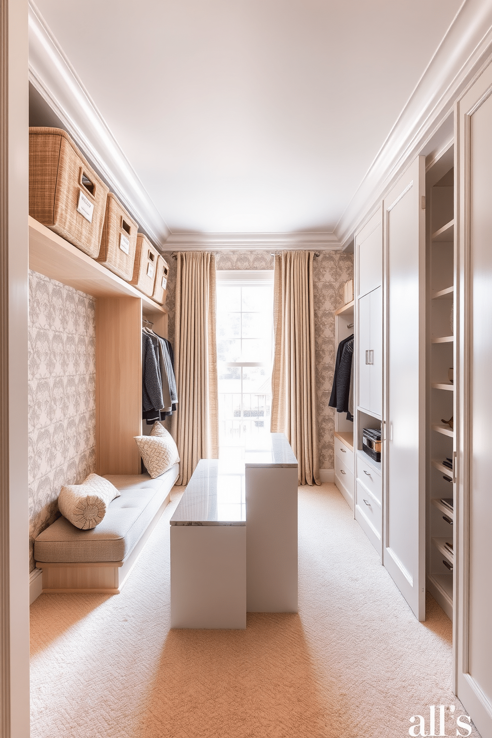 A functional seasonal storage area featuring overhead bins crafted from light wood, neatly organized and labeled for easy access. The bins are positioned above a stylish bench upholstered in a soft, neutral fabric, with a backdrop of elegant wallpaper that complements the overall design. A luxurious white walk-in closet with ample natural light streaming through a large window, showcasing built-in shelving and hanging spaces. The floor is adorned with plush, cream-colored carpeting, and a central island with a marble top provides additional storage and a space for accessories.