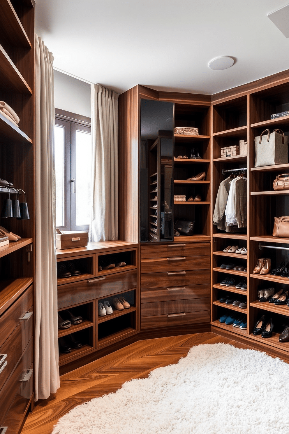 A luxurious walk-in closet featuring floor-to-ceiling custom shelving made of rich walnut wood. Soft linen curtains drape elegantly across the windows, filtering natural light and adding a touch of softness to the space. The closet is organized with dedicated sections for shoes, bags, and accessories, creating a functional yet stylish environment. A plush area rug lies underfoot, complementing the warm tones of the wood and enhancing the overall comfort of the design.