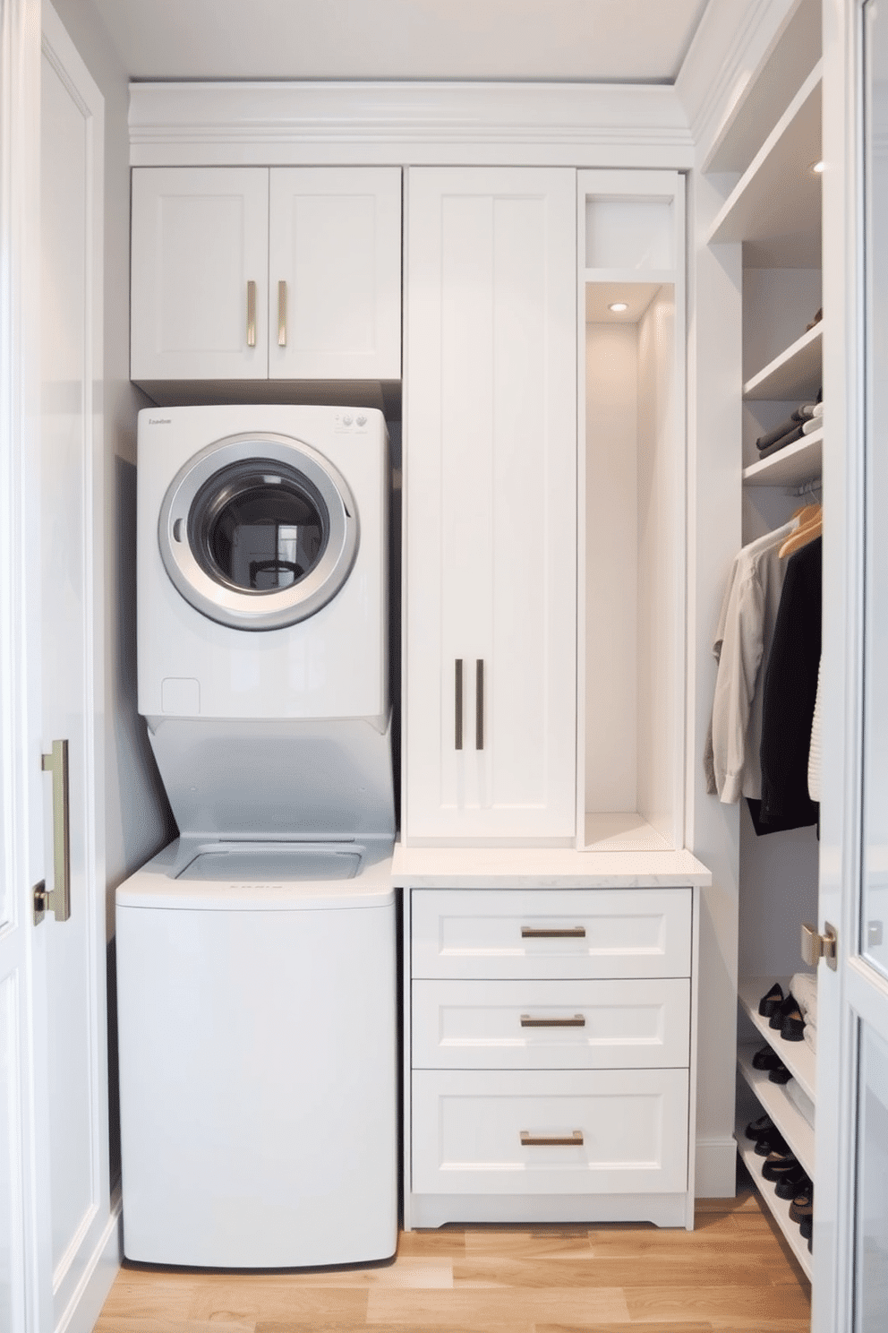 A compact laundry area seamlessly integrated into a modern home. The space features stacked washer and dryer units with a sleek countertop above for folding clothes, surrounded by custom cabinetry in a soft white finish. Elegant white walk-in closet design ideas that maximize space and style. The closet includes built-in shelving for shoes and accessories, a central island with drawers, and soft ambient lighting that highlights the pristine white cabinetry.