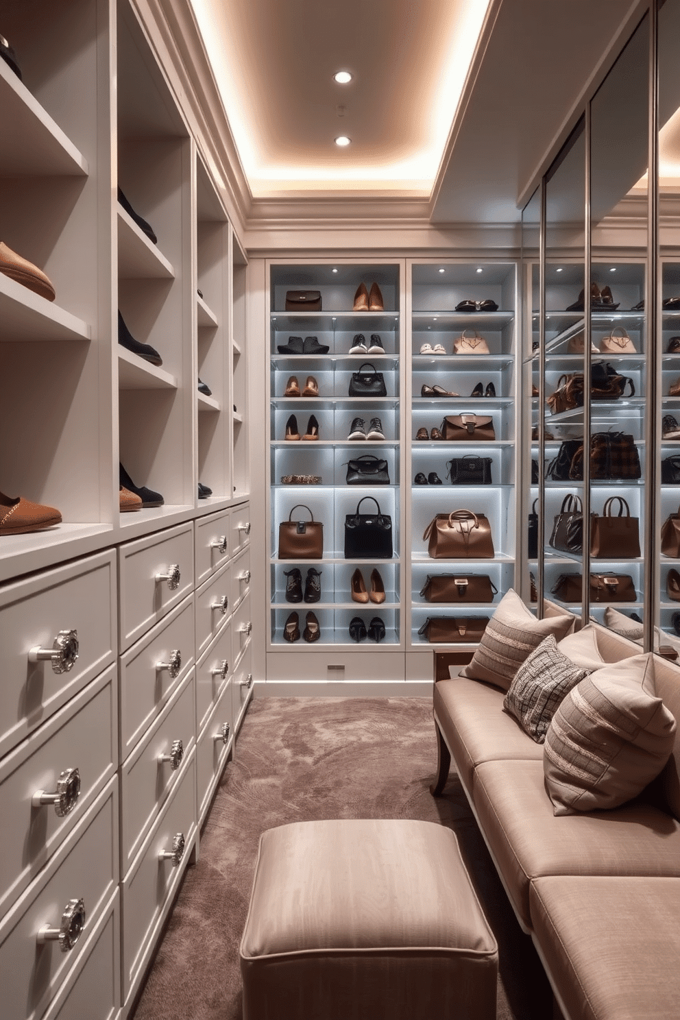 A luxurious walk-in closet featuring elegant crystal knobs on sleek, white drawers. The space is illuminated by soft, ambient lighting that highlights the organized shelves filled with designer shoes and handbags. Rich, textured fabrics in neutral tones adorn the seating area, providing a cozy spot to relax and admire the stunning collection. The walls are lined with full-length mirrors, enhancing the sense of space and reflecting the exquisite details throughout the closet.