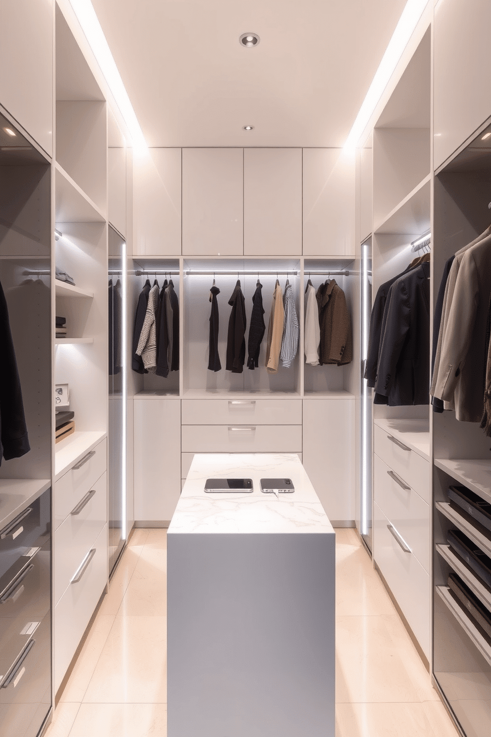 A modern walk-in closet featuring smart technology for optimal organization. The space includes automated shelving that adjusts height and depth, along with integrated LED lighting that activates when the doors open. The walls are lined with sleek, white cabinetry that maximizes storage while maintaining a clean aesthetic. A central island with a marble top provides additional space for accessories and is equipped with a charging station for devices.