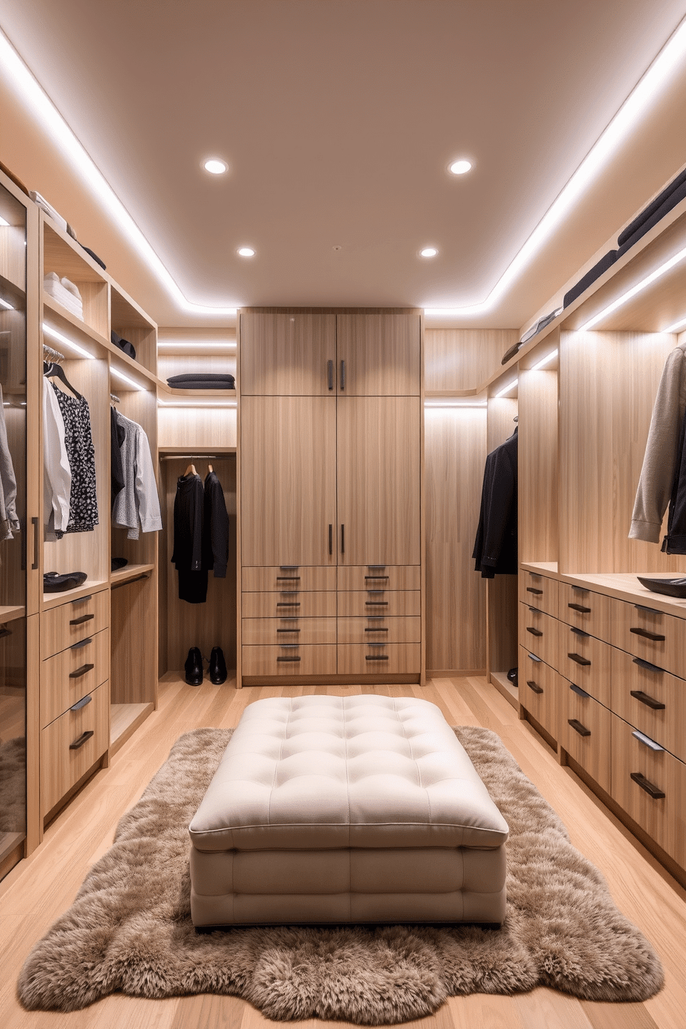 A luxurious walk-in closet featuring soft LED lighting elegantly integrated along the shelves. The space is designed with custom cabinetry in a light wood finish, complemented by a plush area rug and a stylish ottoman in the center.