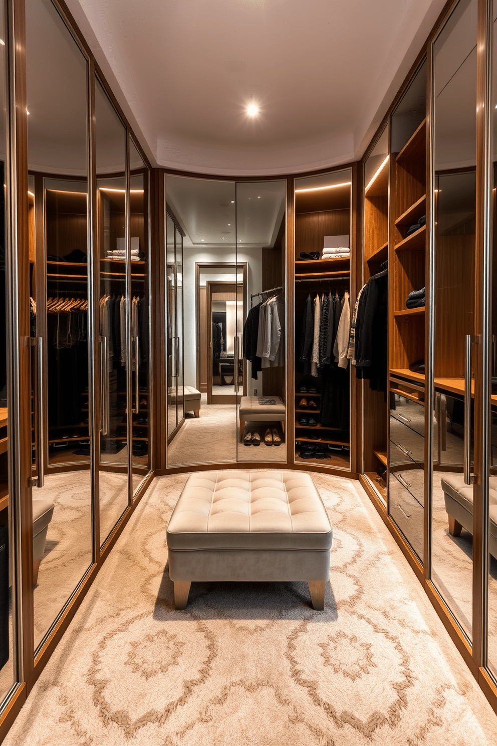 A luxurious walk-in closet featuring mirrored doors that create a sense of depth and elegance. The space is adorned with sleek, custom shelving and hanging rods, providing ample storage for clothing and accessories. Soft, ambient lighting highlights the rich textures of the plush carpeting and the polished wood accents throughout the room. A chic ottoman sits in the center, inviting relaxation while putting on shoes or admiring the carefully curated wardrobe.