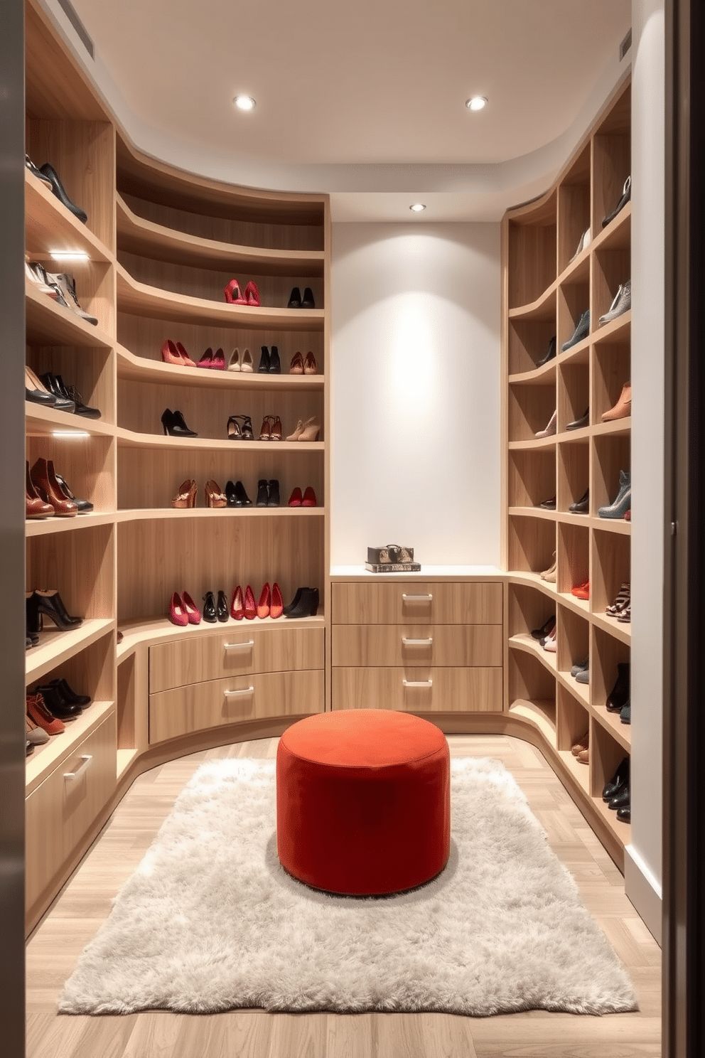 A modern walk-in closet featuring open shelving designed for an elegant shoe display. The shelves are crafted from light wood, showcasing a curated collection of vibrant and stylish footwear against a backdrop of soft white walls. A plush area rug in neutral tones adds warmth to the space, while a chic ottoman provides a comfortable seating option. Ambient lighting highlights the shoes, creating an inviting atmosphere that blends functionality with luxury.