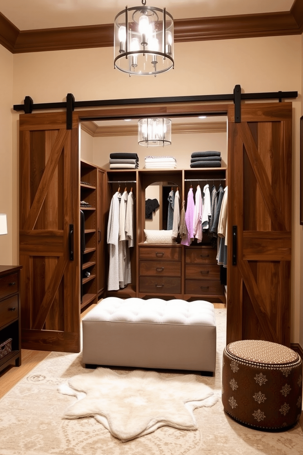 A cozy walk-in closet featuring sliding barn doors made of reclaimed wood, adding a rustic charm to the space. Inside, the closet is organized with open shelving, hanging rods, and a plush ottoman for comfort. The walls are painted in a soft beige, creating a warm ambiance, while the floor is adorned with a chic area rug. Elegant lighting fixtures illuminate the space, enhancing the overall aesthetic of luxury and functionality.