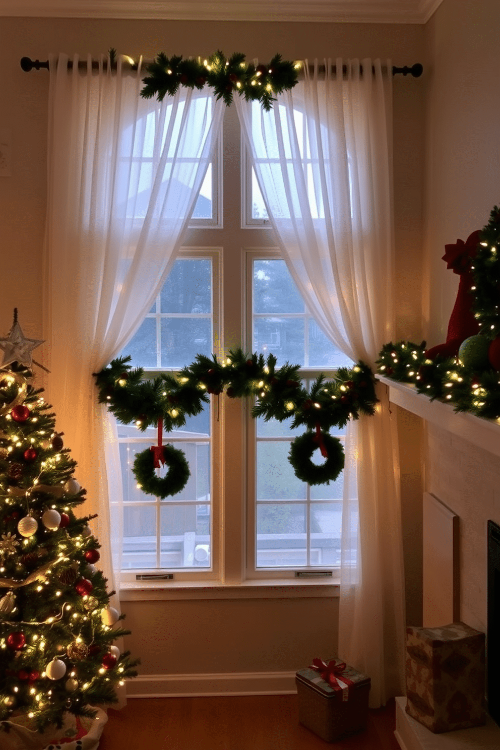 A cozy living room adorned for the holidays features a beautifully decorated Christmas tree in the corner, twinkling with warm white lights and colorful ornaments. Above the mantel, a festive garland drapes elegantly, adorned with pinecones, red berries, and sparkling ribbons. The windows are dressed with sheer white curtains, allowing natural light to filter through while showcasing the holiday spirit. Each window is adorned with miniature wreaths and strings of lights that create a warm and inviting atmosphere.