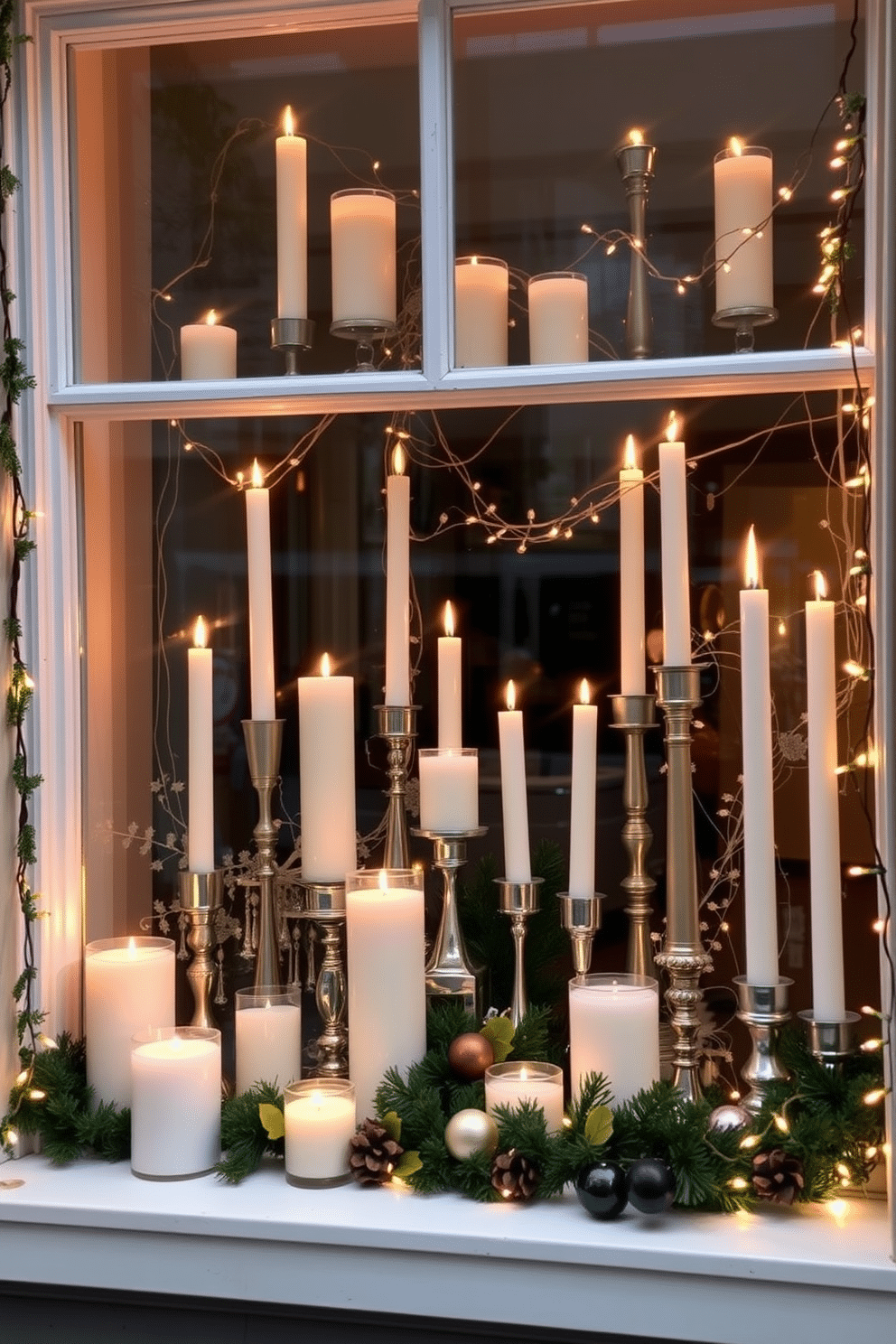 A captivating window display adorned with an array of elegantly arranged candles in varying heights and styles. Soft, flickering flames cast a warm glow, enhancing the festive atmosphere with delicate holiday decorations intertwined among the candles. For Christmas decorating, incorporate evergreen garlands draped gracefully across the window frame. Add twinkling fairy lights to create a magical ambiance, complemented by a few carefully placed ornaments and seasonal accents for a cheerful touch.